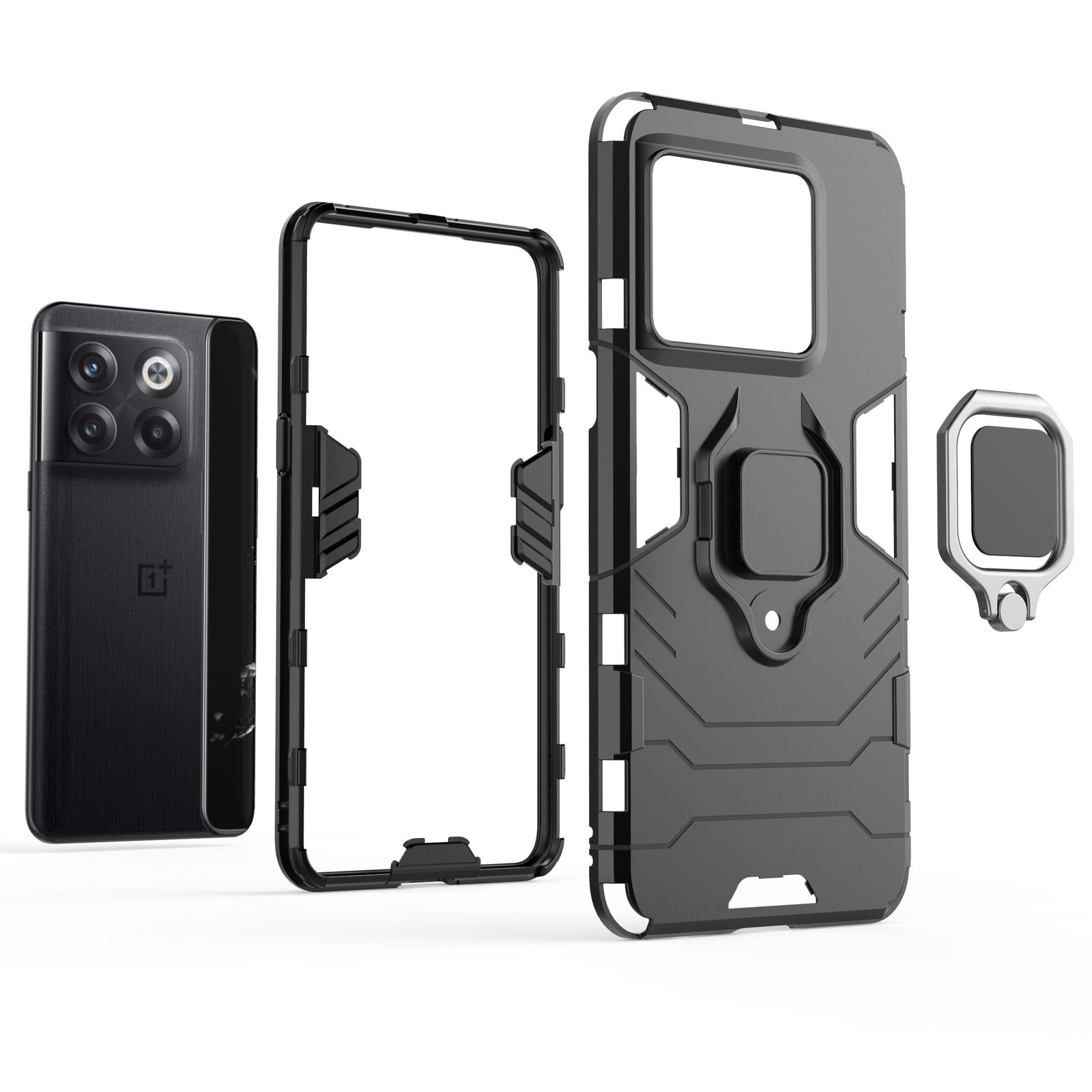 Componentes de la funda del teléfono y teléfono negro. La funda es negra con un soporte de anillo. Teléfono One Plus.
