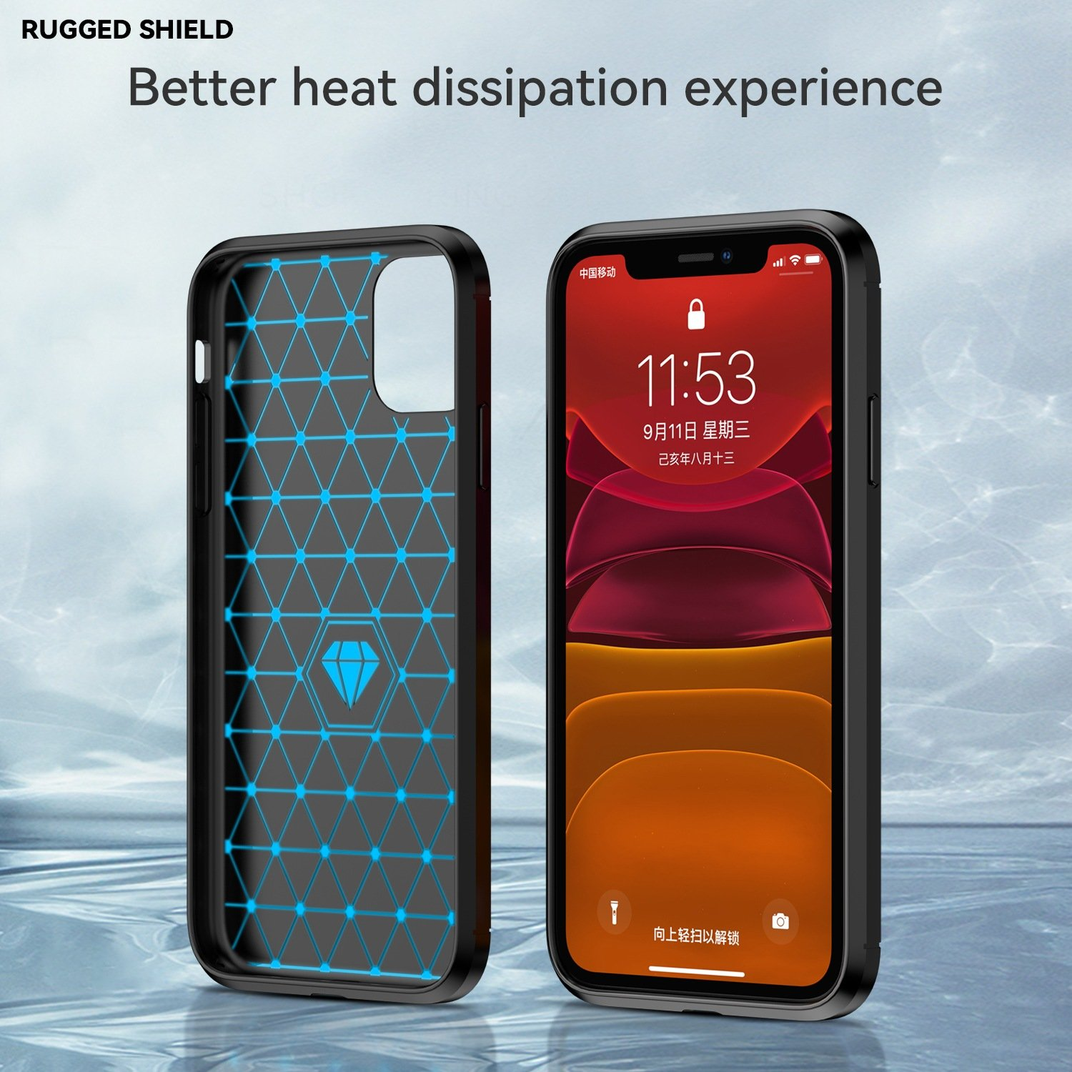 Dos fundas de teléfono que muestran el interior y el exterior, una con un teléfono dentro.