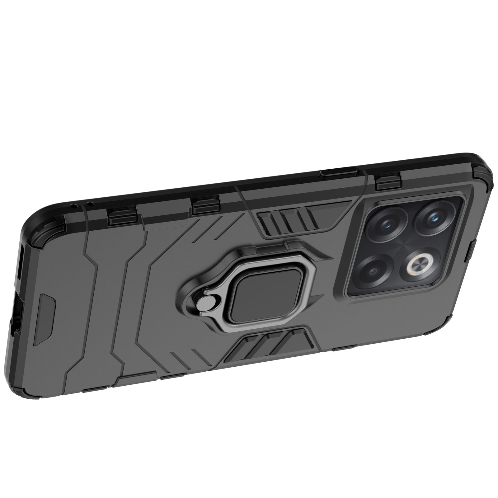 Funda negra para teléfono con soporte de anillo. La funda tiene un sistema de cámara. El teléfono es negro.
