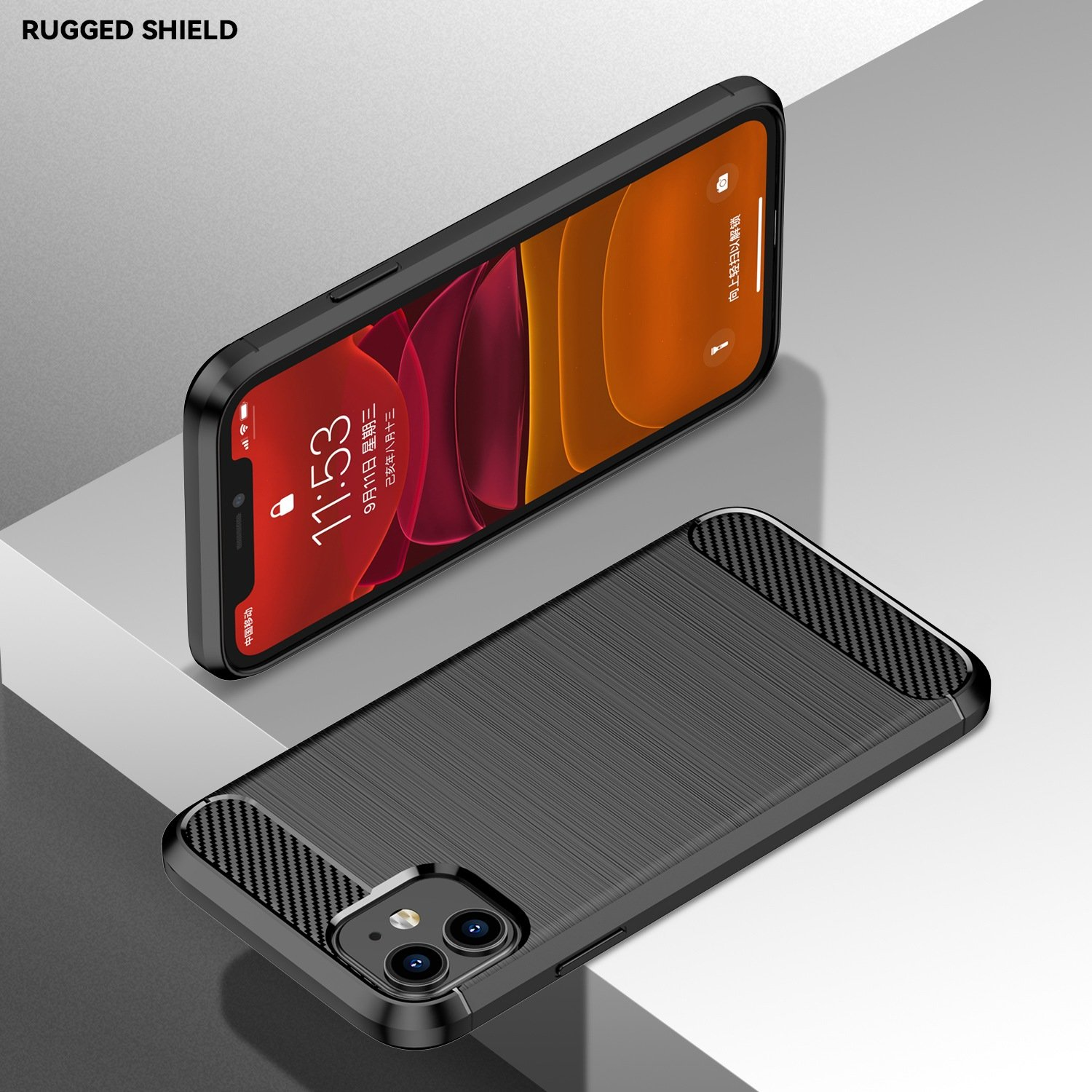 Funda negra con un teléfono dentro. El teléfono muestra una hora.