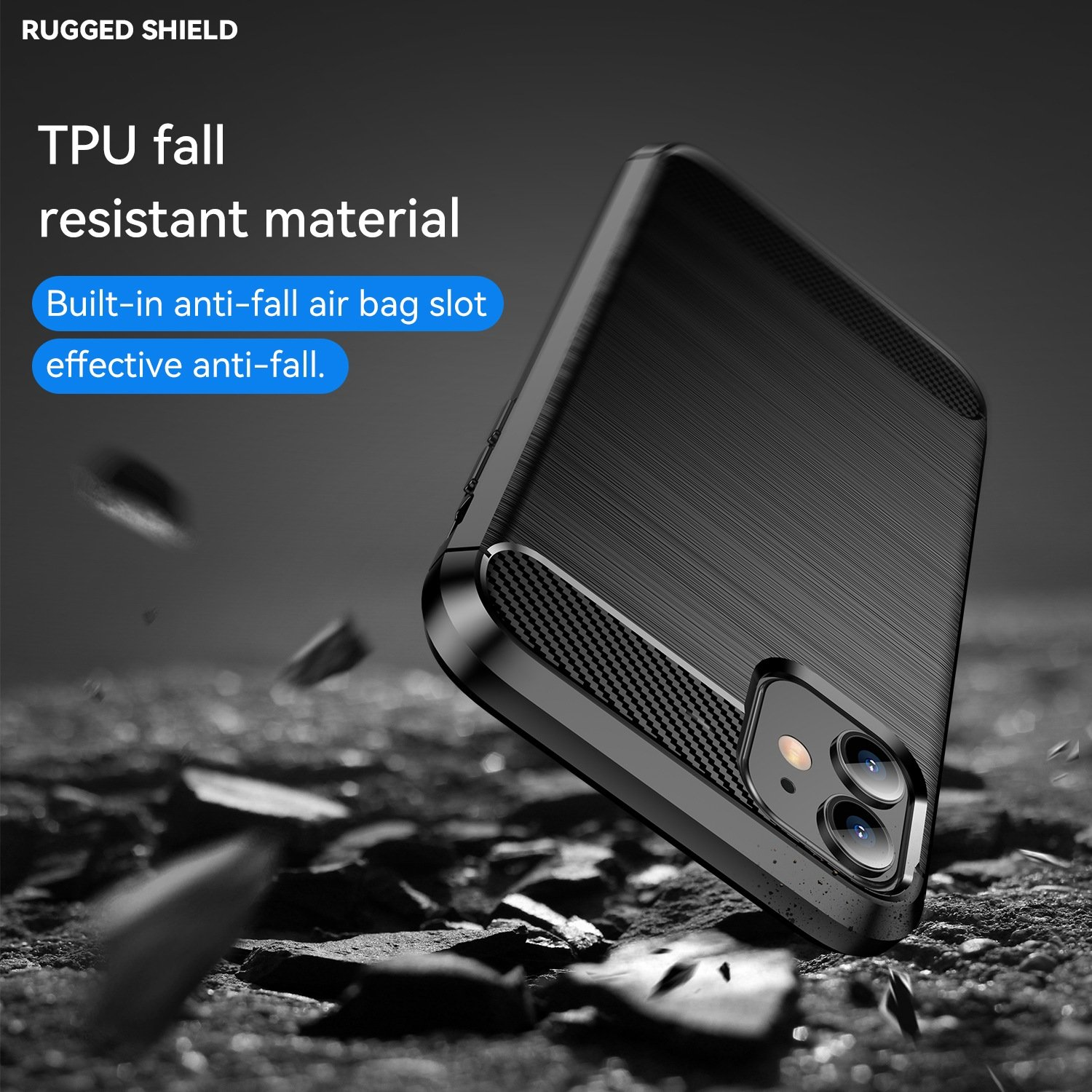 Funda negra para teléfono, en ángulo, con texto sobre material resistente y superficie texturizada.