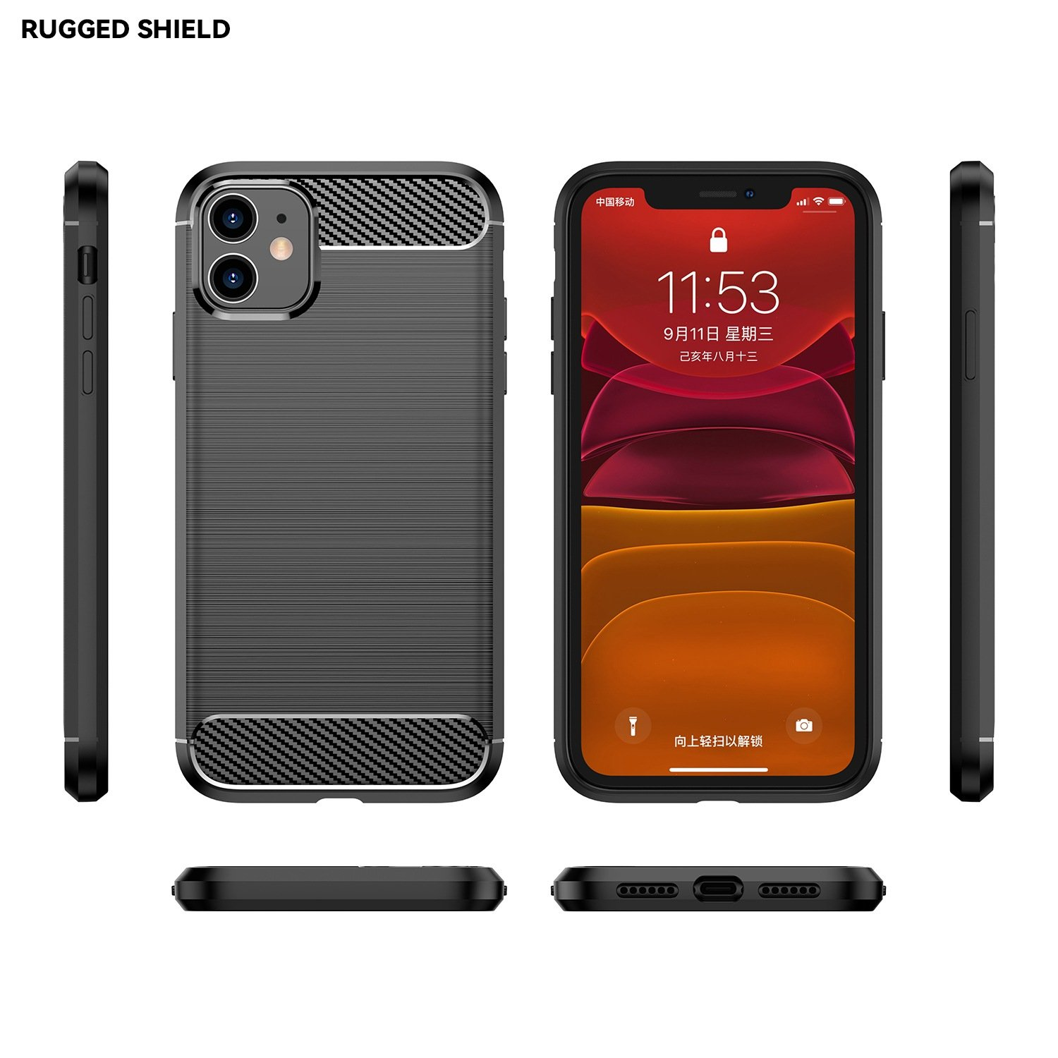 Un teléfono con una funda Rugged Shield se muestra desde múltiples ángulos, incluyendo la vista frontal, trasera y lateral.