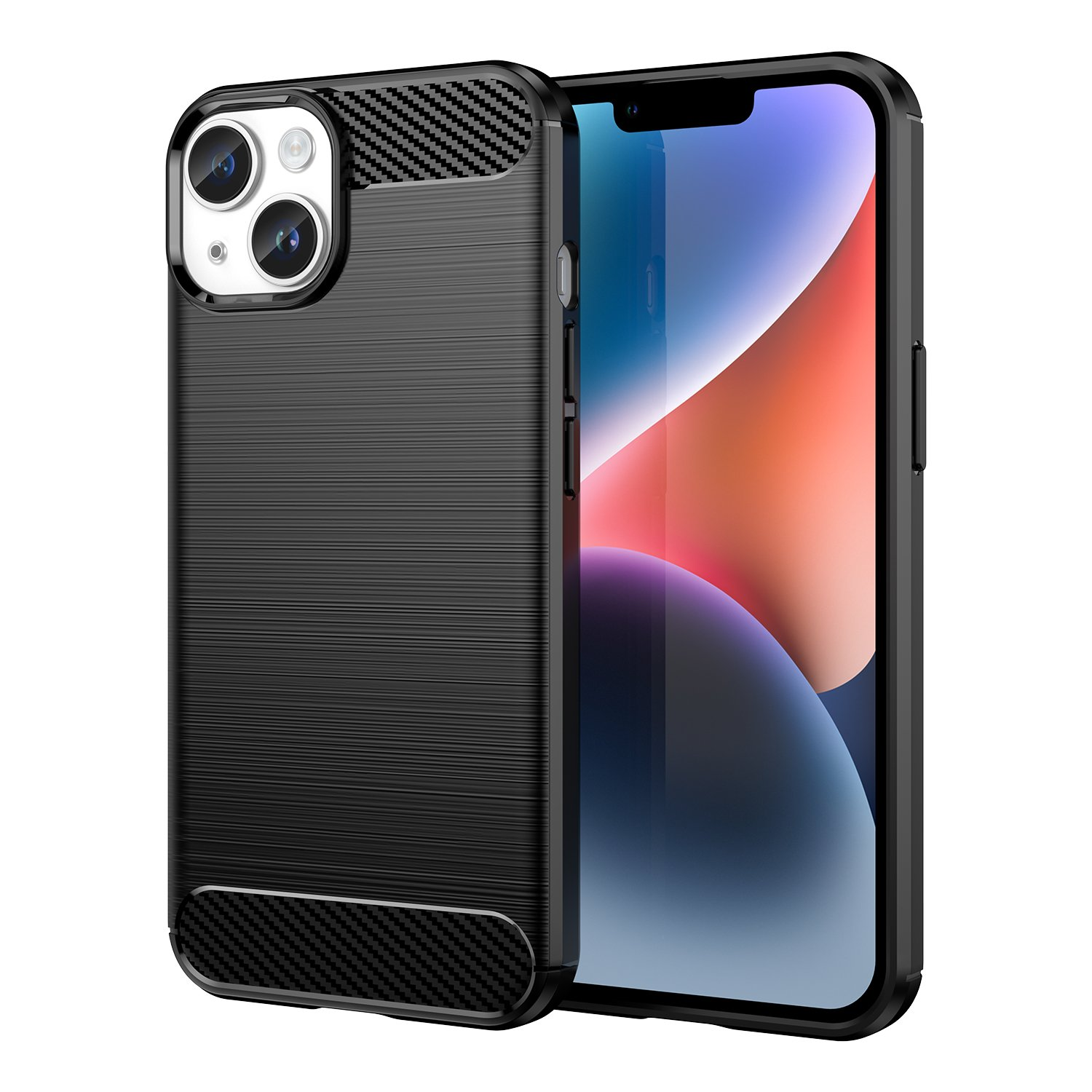 Funda negra para teléfono con soporte de anillo y pantalla de teléfono. También se ve un primer plano de la parte trasera texturizada de la funda.