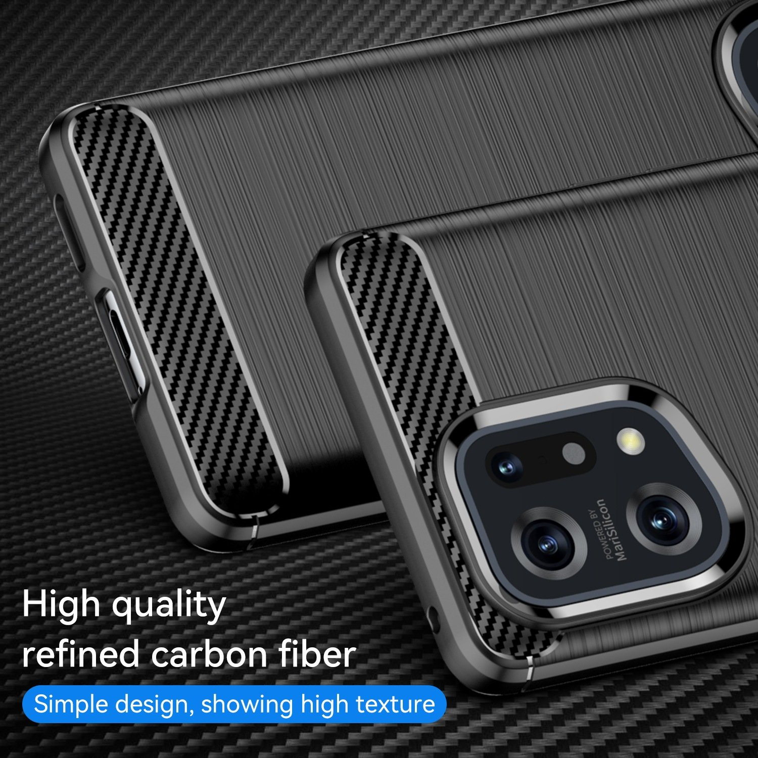 Primer plano de una funda de teléfono con textura de fibra de carbono. Mostrando el módulo de la cámara con un patrón de fibra de carbono.