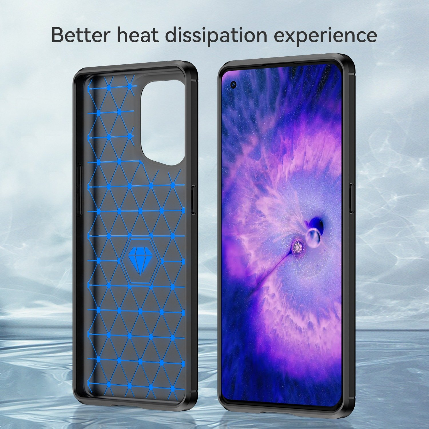 Funda con diseño geométrico azul. Mostrando un teléfono con fondo morado y azul.