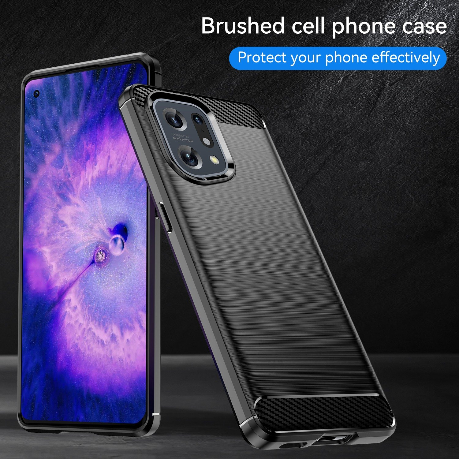 Una funda de teléfono negra en un teléfono, con una textura cepillada y las palabras 'Brushed cell phone case'.