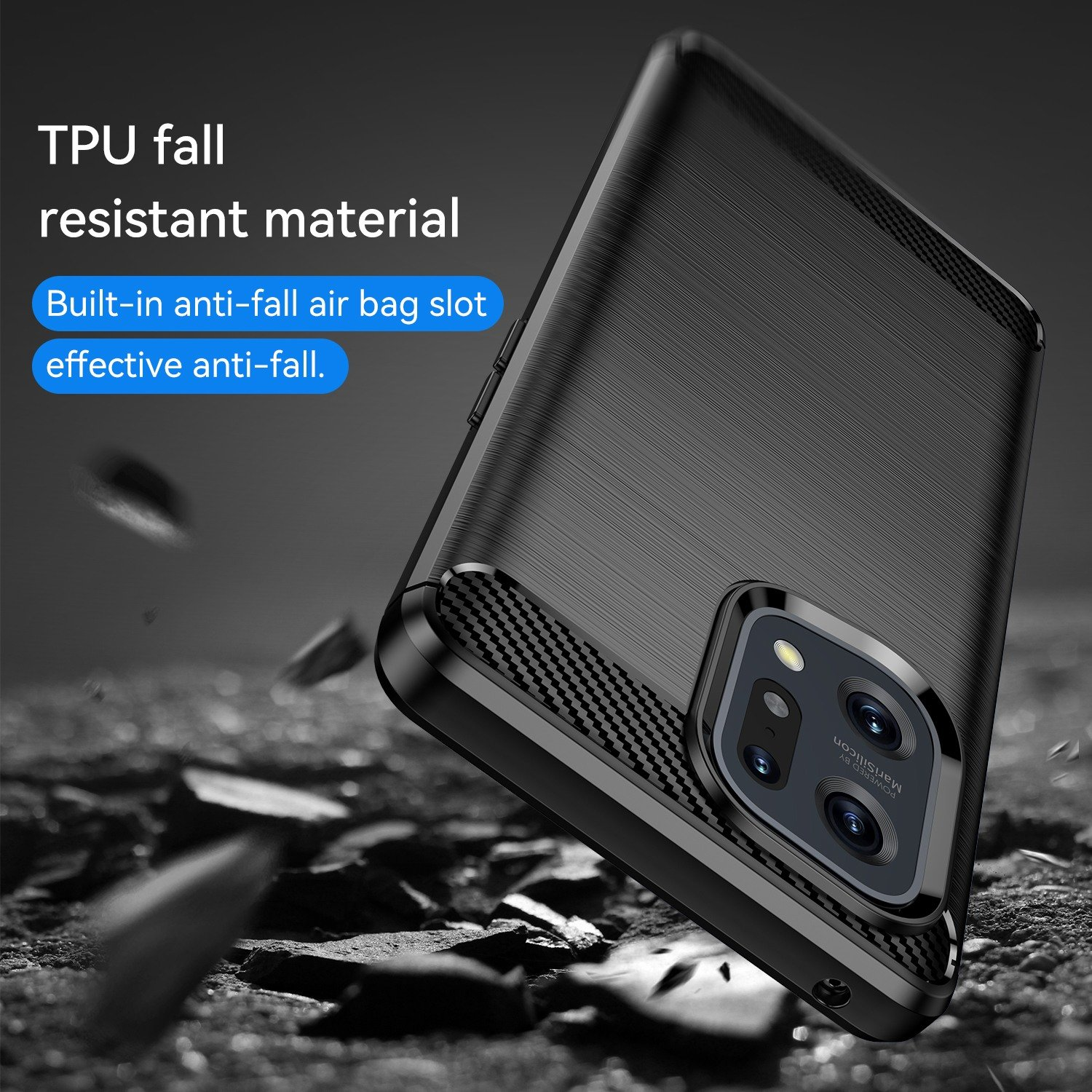 Funda negra para teléfono con cámara, texto: Material TPU resistente a caídas, Ranura de airbag anticaída integrada.