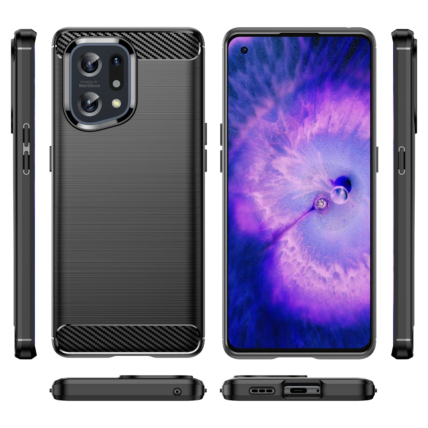 Funda de teléfono negra. La funda está sobre un fondo blanco. La funda tiene una cámara y una pantalla.