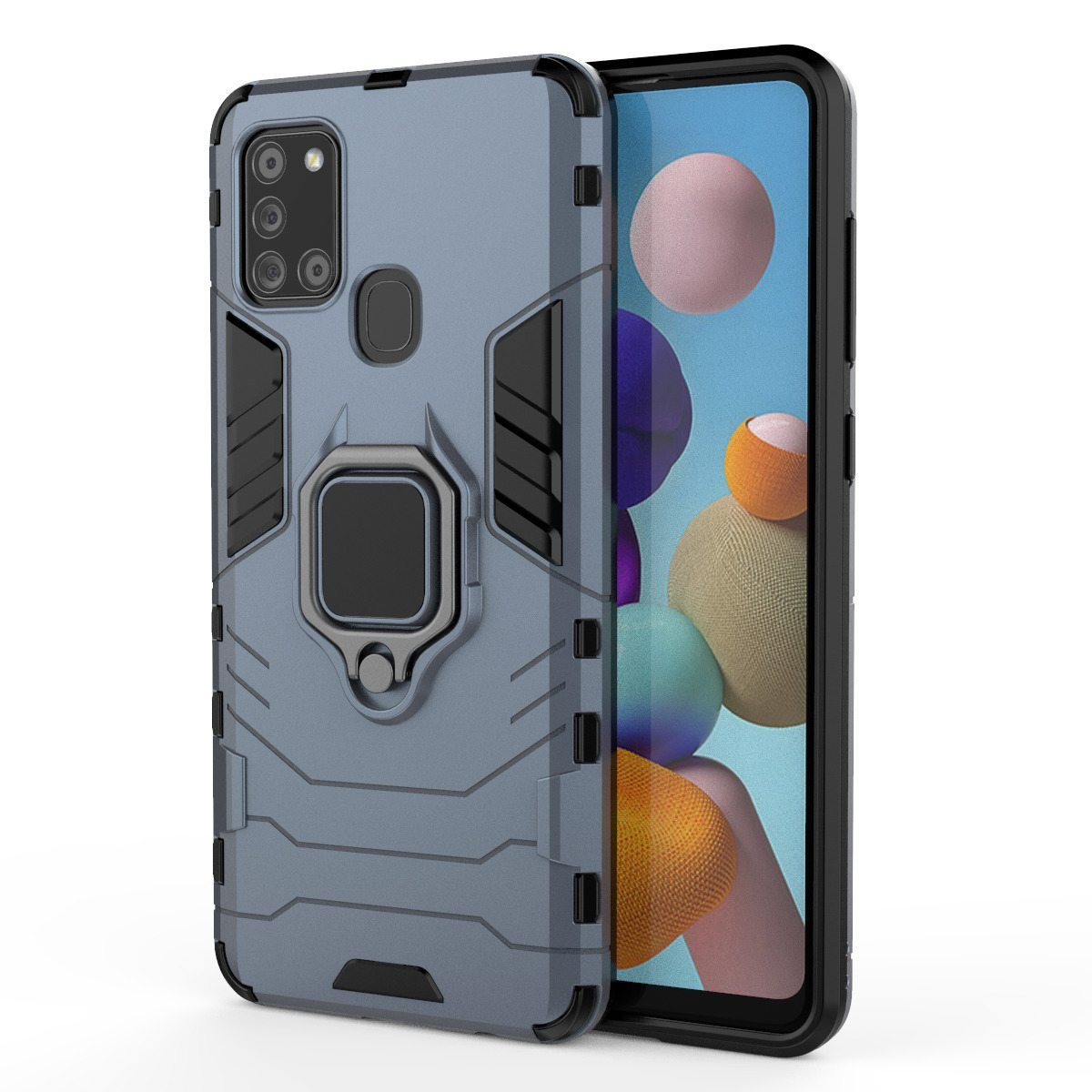 Funda azul para teléfono con soporte de anillo. El teléfono es parcialmente visible. Fondo blanco.