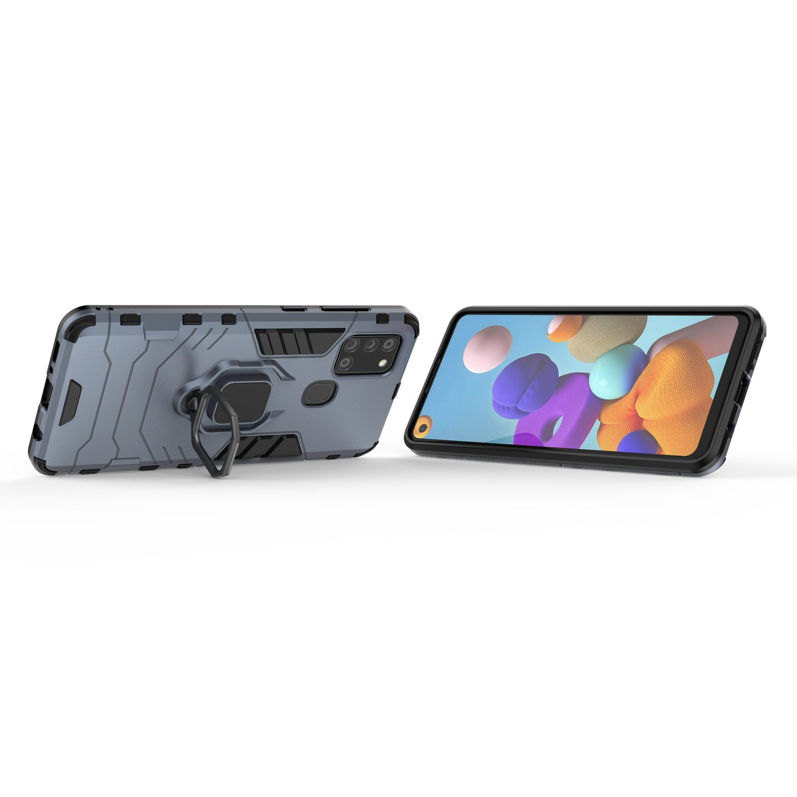 Dos teléfonos, uno en una funda. La funda es azul con un soporte de anillo. La pantalla muestra naranja y morado.