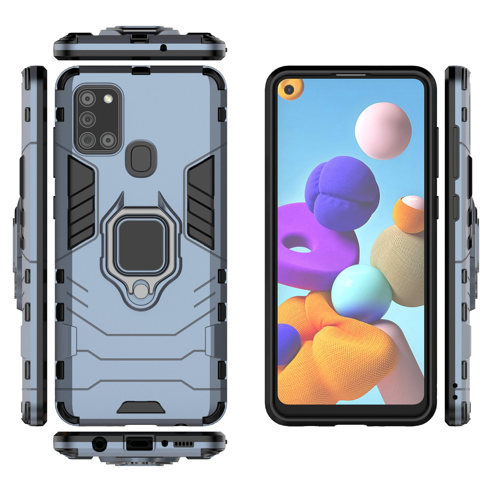 Funda de teléfono. El teléfono tiene pantalla, con funda. Colores gris y azul.