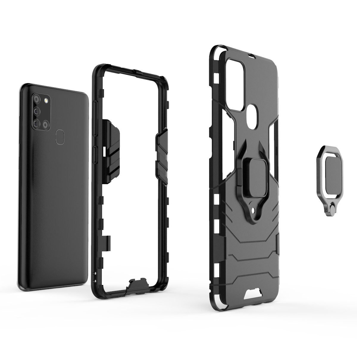 Teléfono negro, partes de funda y anillo. Fondo negro. Componentes separados.