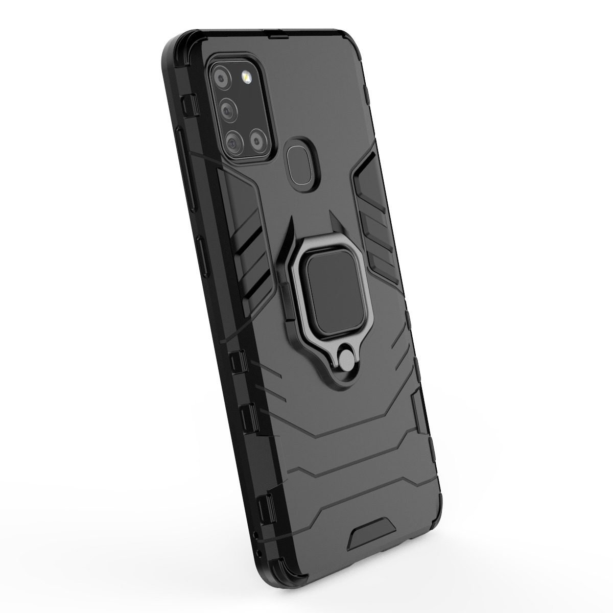 Funda de teléfono negra con soporte de anillo, vista en ángulo. El teléfono es negro y sobre una superficie oscura.