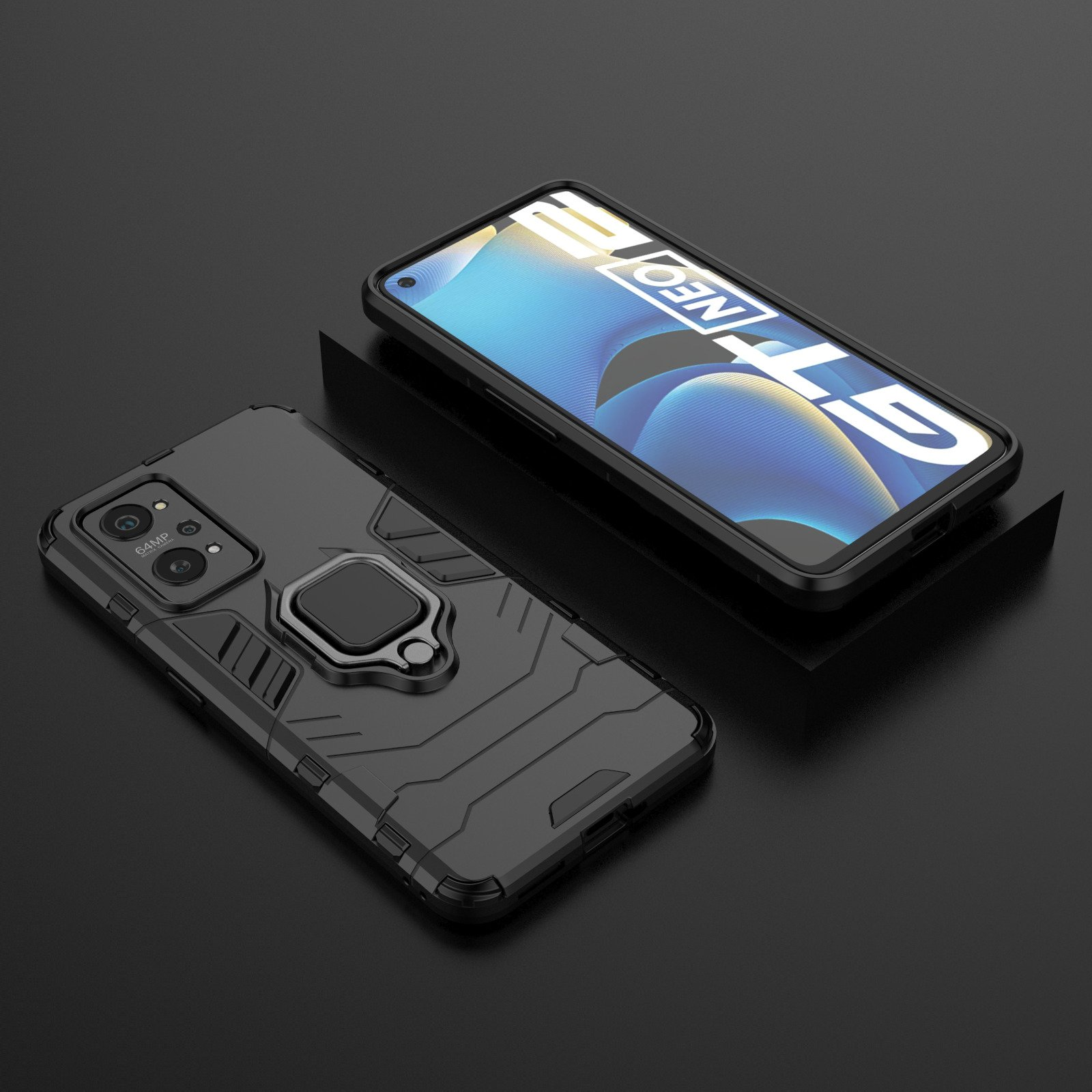 Dos fundas negras para teléfono con teléfonos. Las fundas negras tienen soportes de anillo. Un teléfono muestra un diseño.