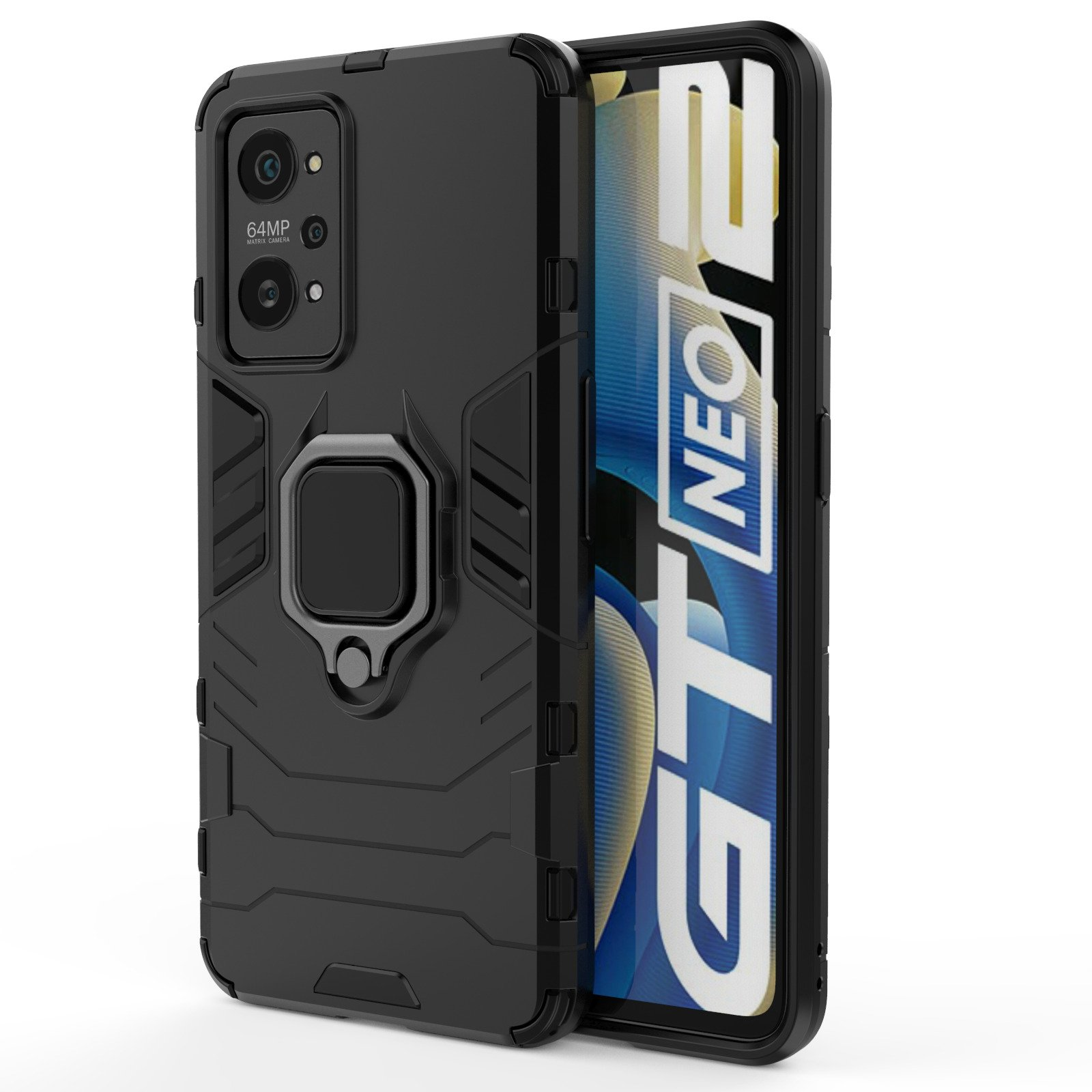 Funda negra para teléfono con soporte de anillo y teléfono dentro. El teléfono tiene una pantalla que dice "GT NEO".