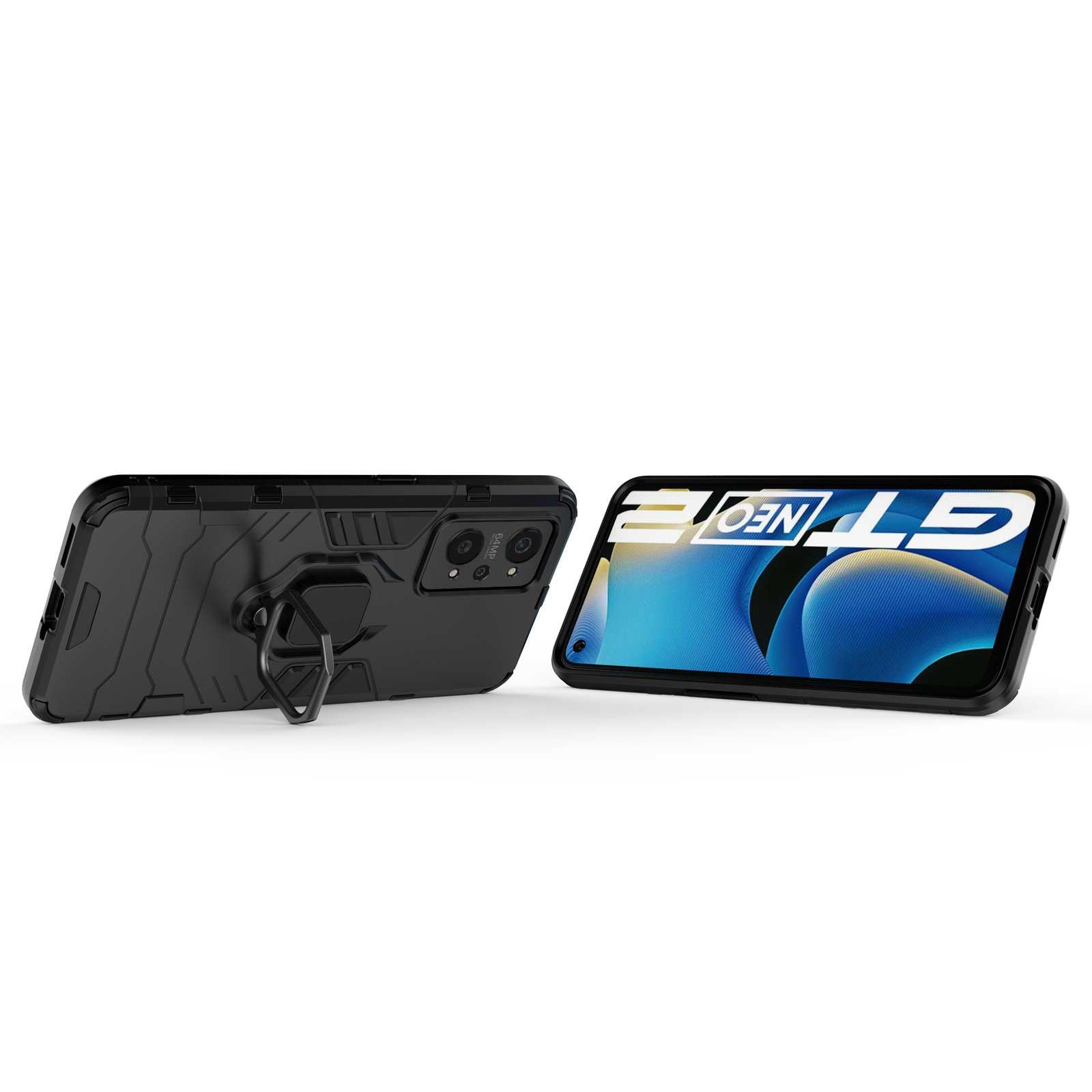 Funda negra con teléfono, vista lateral.