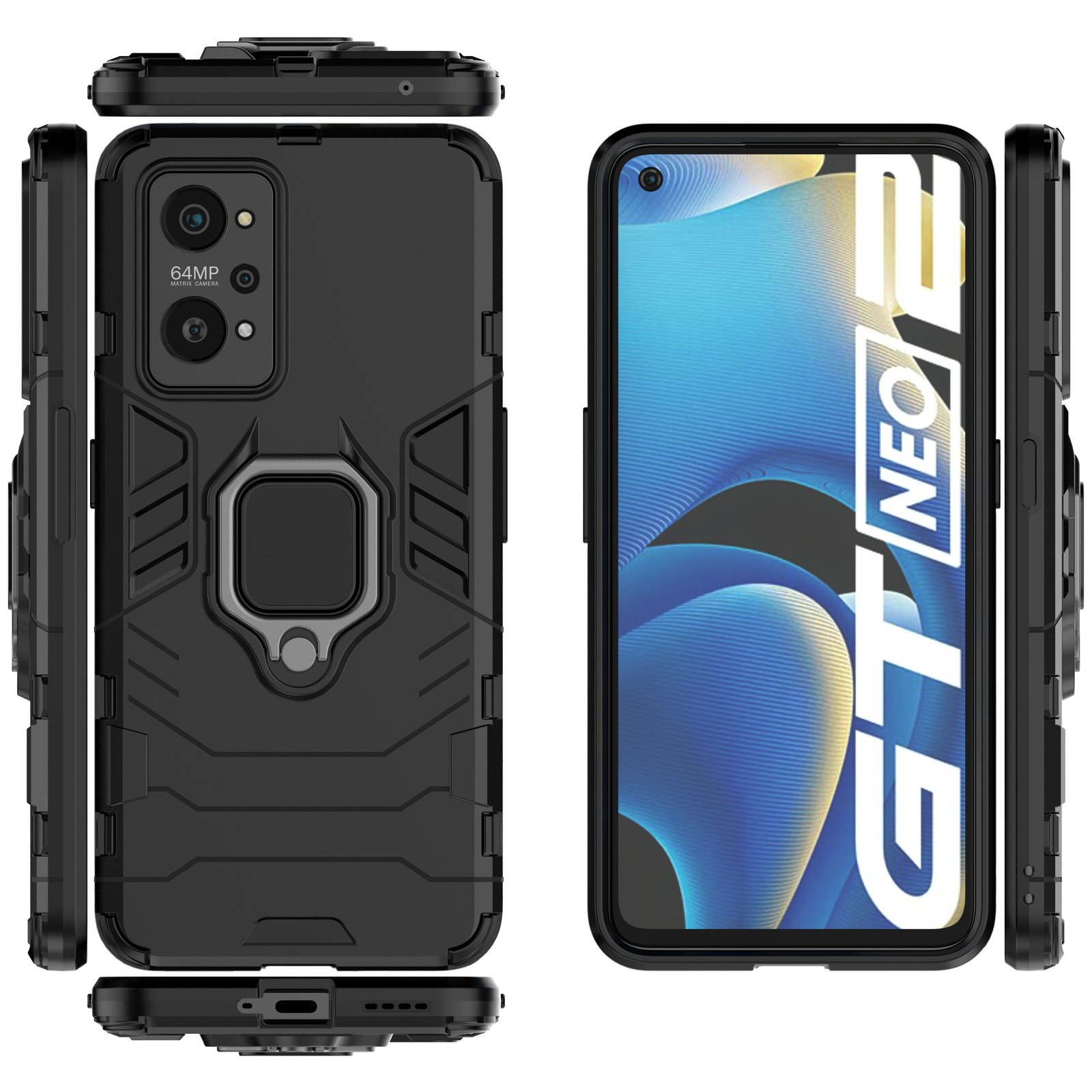 Funda negra para teléfono con soporte de anillo. El teléfono está abierto, mostrando texto GT NEO en la pantalla.