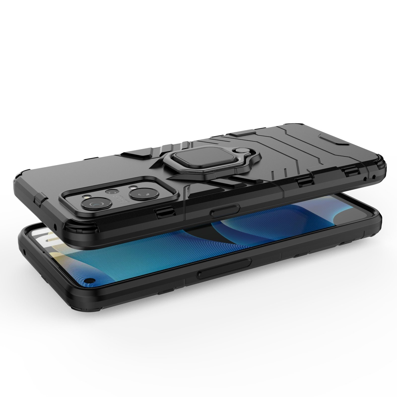 Funda de teléfono negra con soporte de anillo, abierta. El teléfono no está en la funda. Fondo blanco.