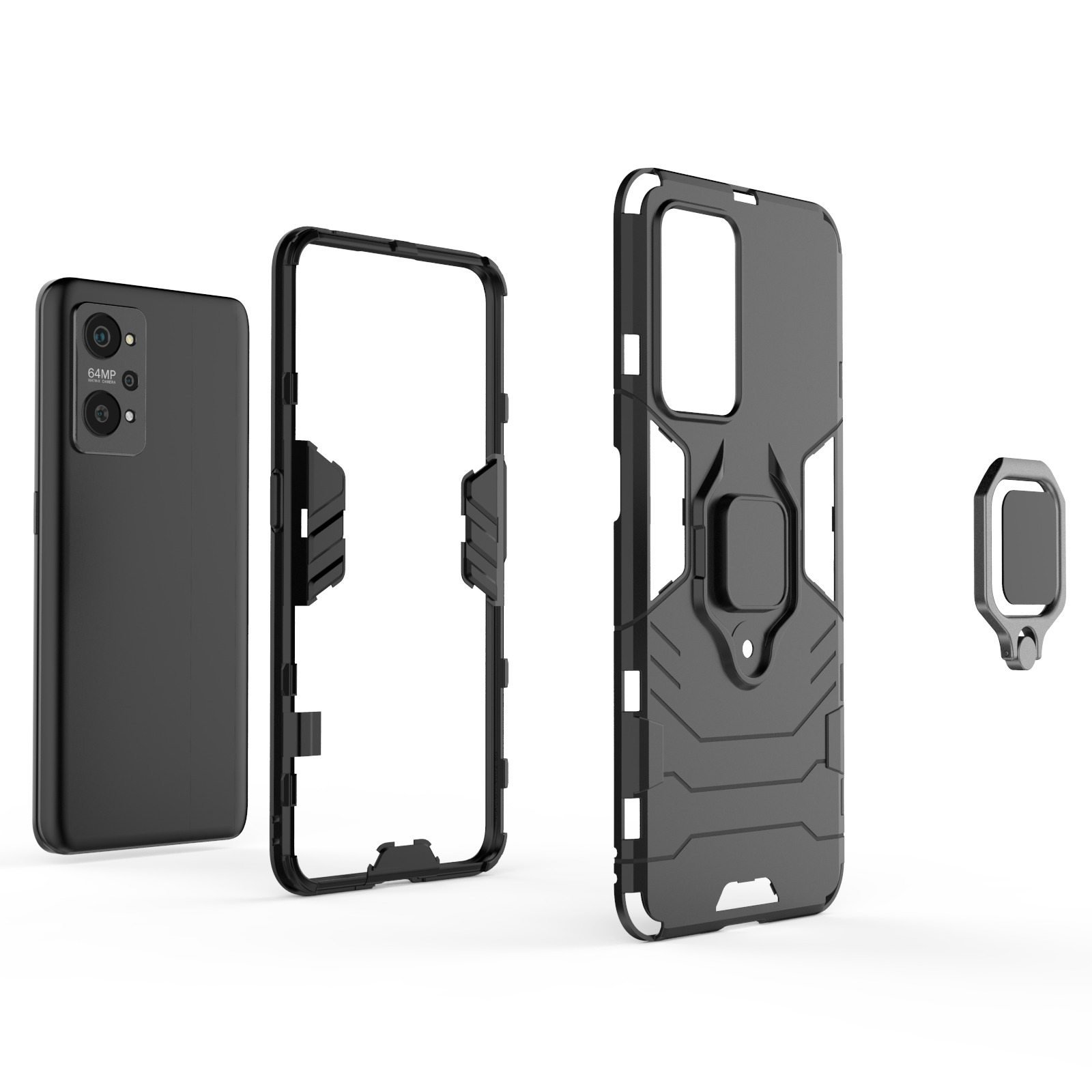 Teléfono desmontado en sus partes: tapa trasera, marco, pantalla y soporte de anillo.