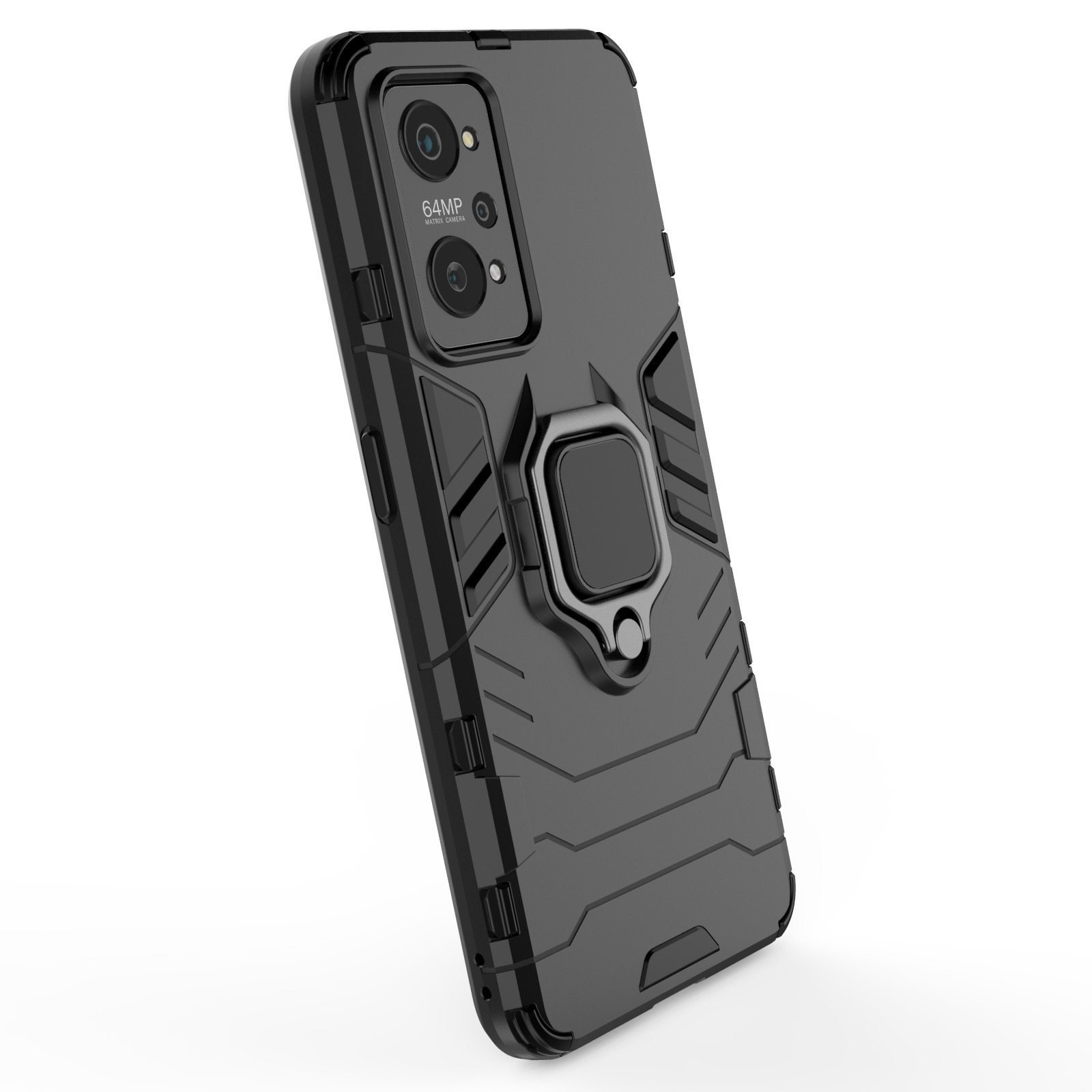 Una funda negra para teléfono con un soporte de anillo. La funda está en ángulo sobre una superficie blanca.