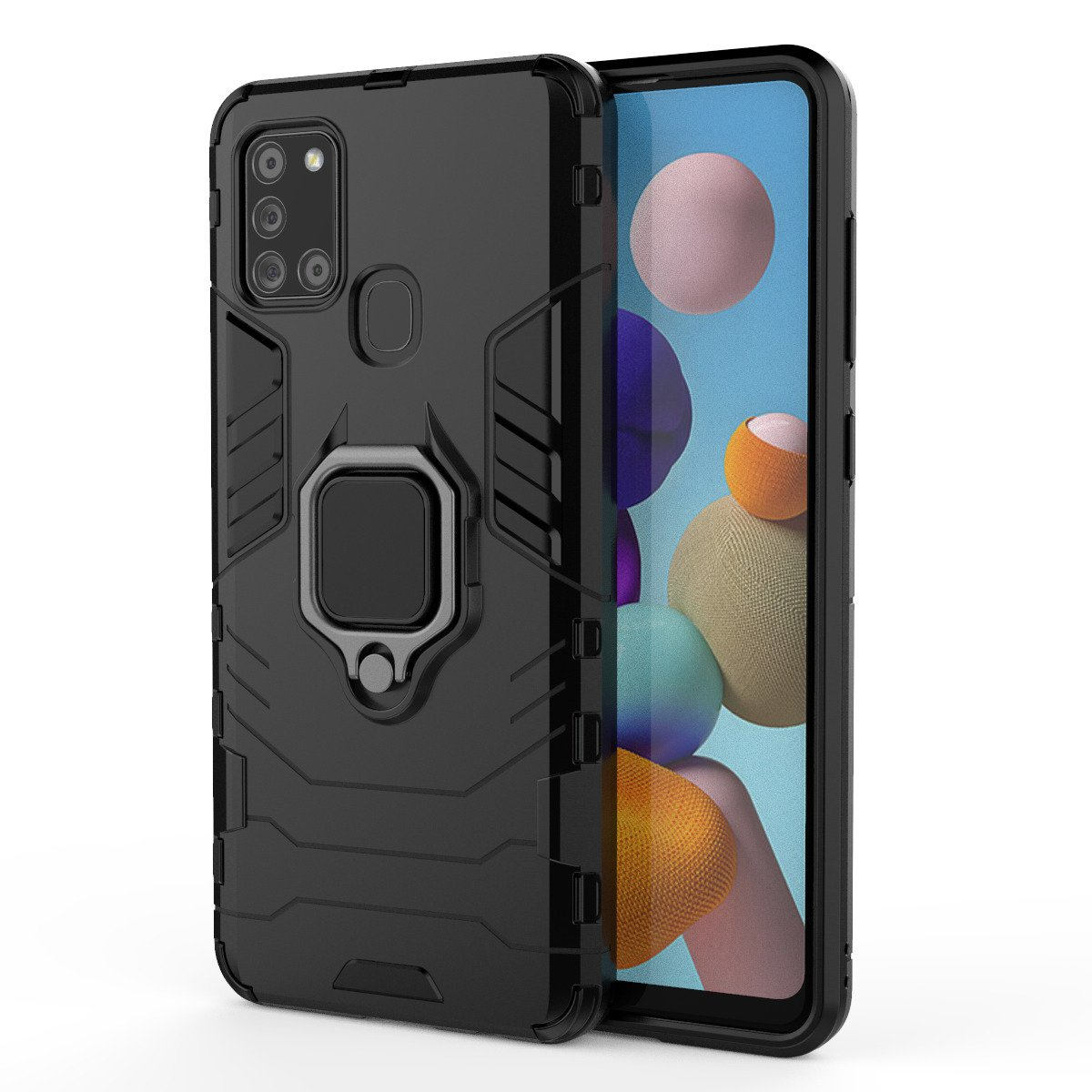 Un teléfono negro con una funda. La funda tiene un soporte de anillo y un diseño texturizado.