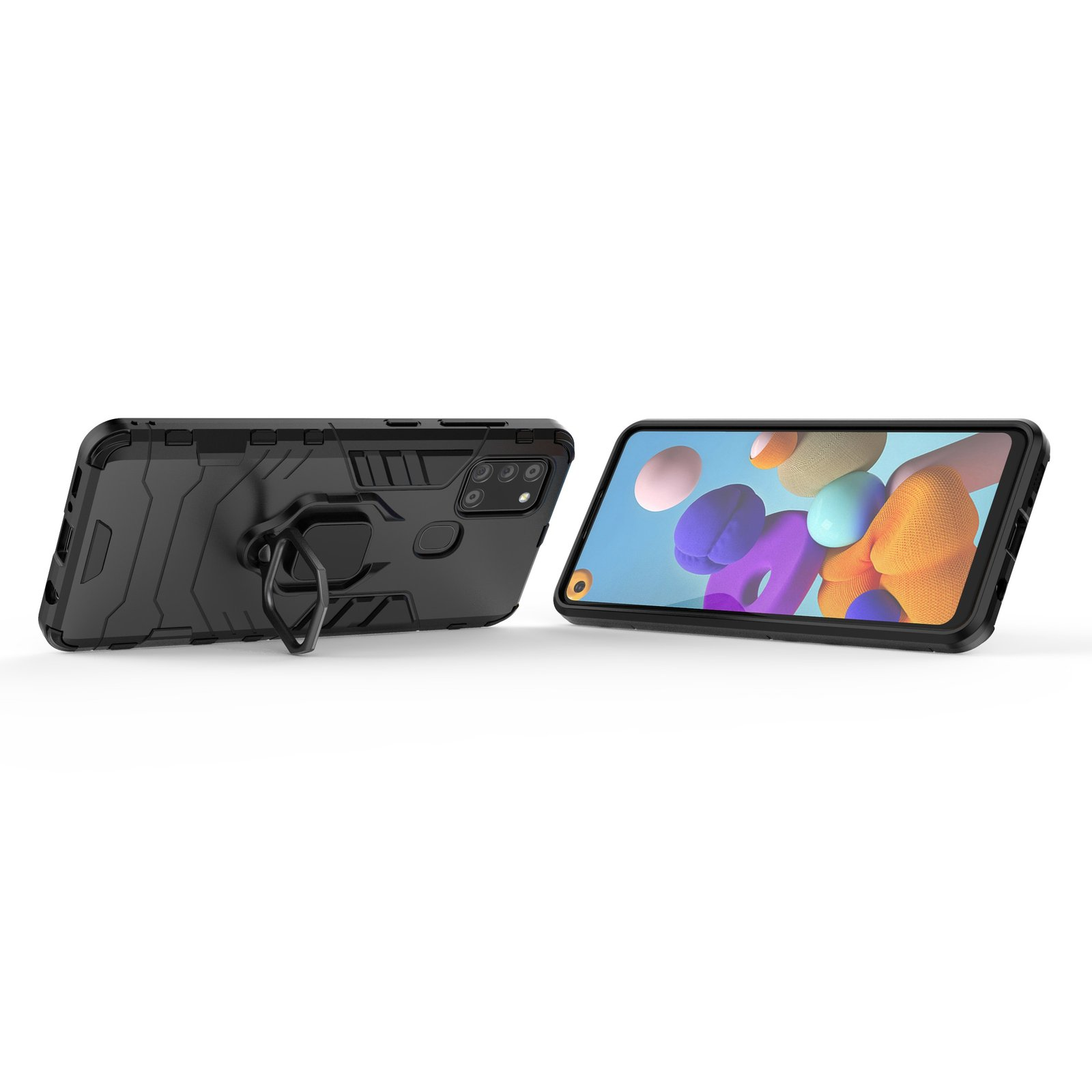 Dos teléfonos en fundas negras. Uno está de pie, el otro muestra imágenes abstractas.