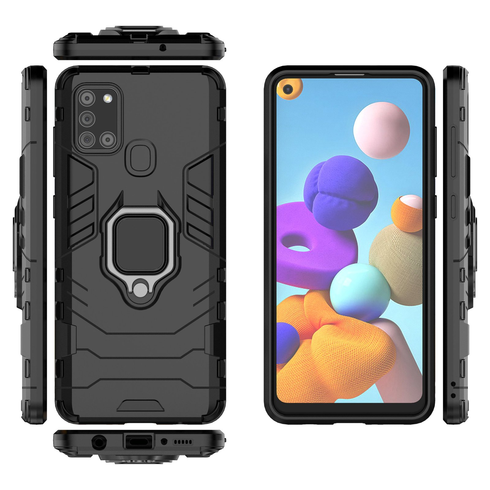 Funda de teléfono negra con soporte de anillo, múltiples vistas. Funda en el teléfono, vistas laterales y trasera.