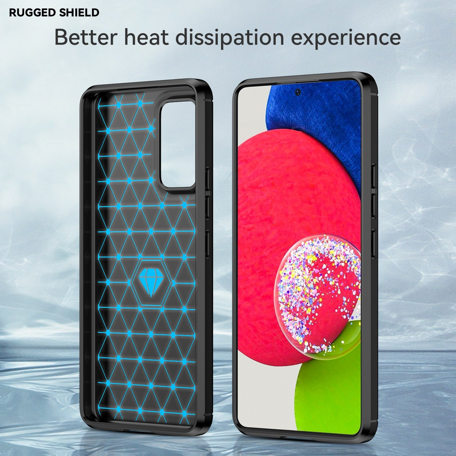 Funda negra con patrón geométrico azul. Teléfono con pantalla roja y naranja.
