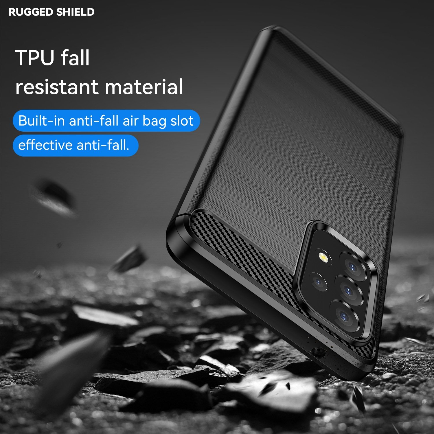 Funda negra para teléfono, mostrando un primer plano de la parte trasera. El texto dice Rugged Shield y TPU resistente a caídas.