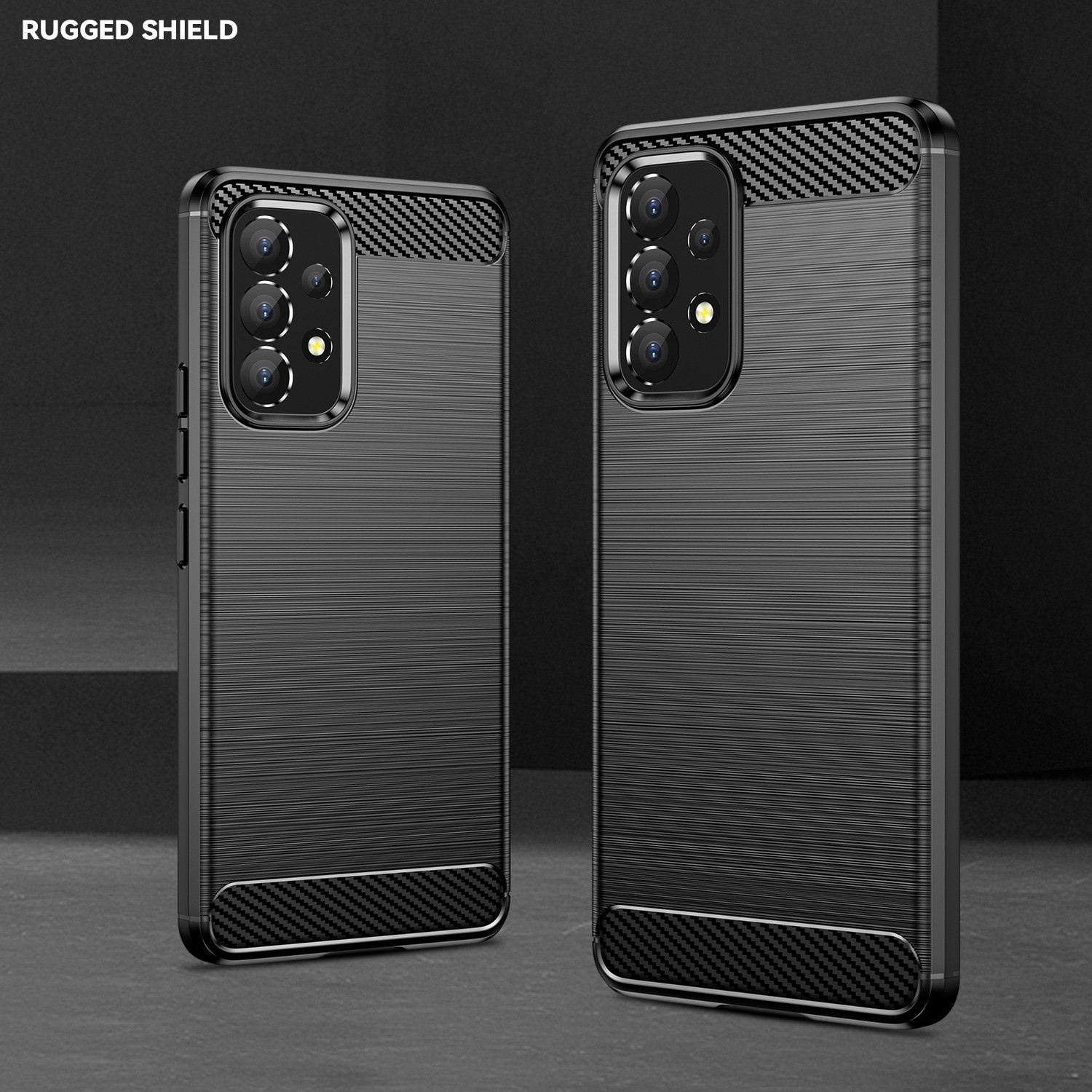 Dos fundas negras para teléfono con respaldos texturizados. Diseño de escudo resistente. Fondo oscuro.