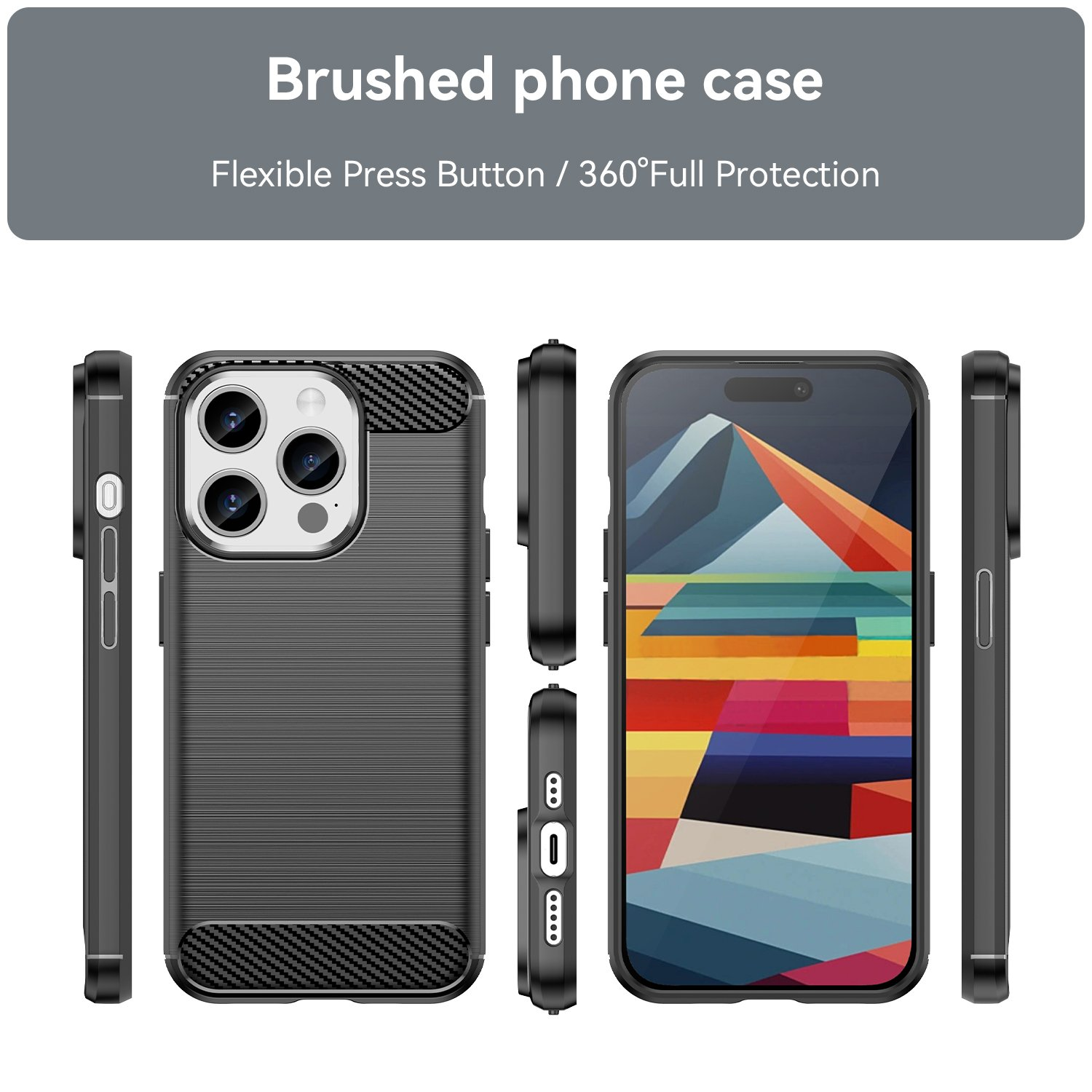 Funda de teléfono con anillo de soporte. Diferentes vistas de la funda. Es negra y con carbono.