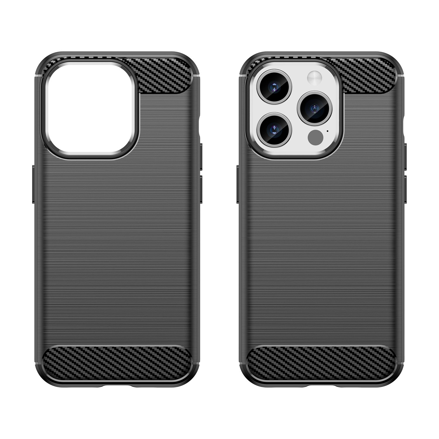 Dos fundas negras para teléfono con textura similar a la fibra de carbono. Fondo blanco.