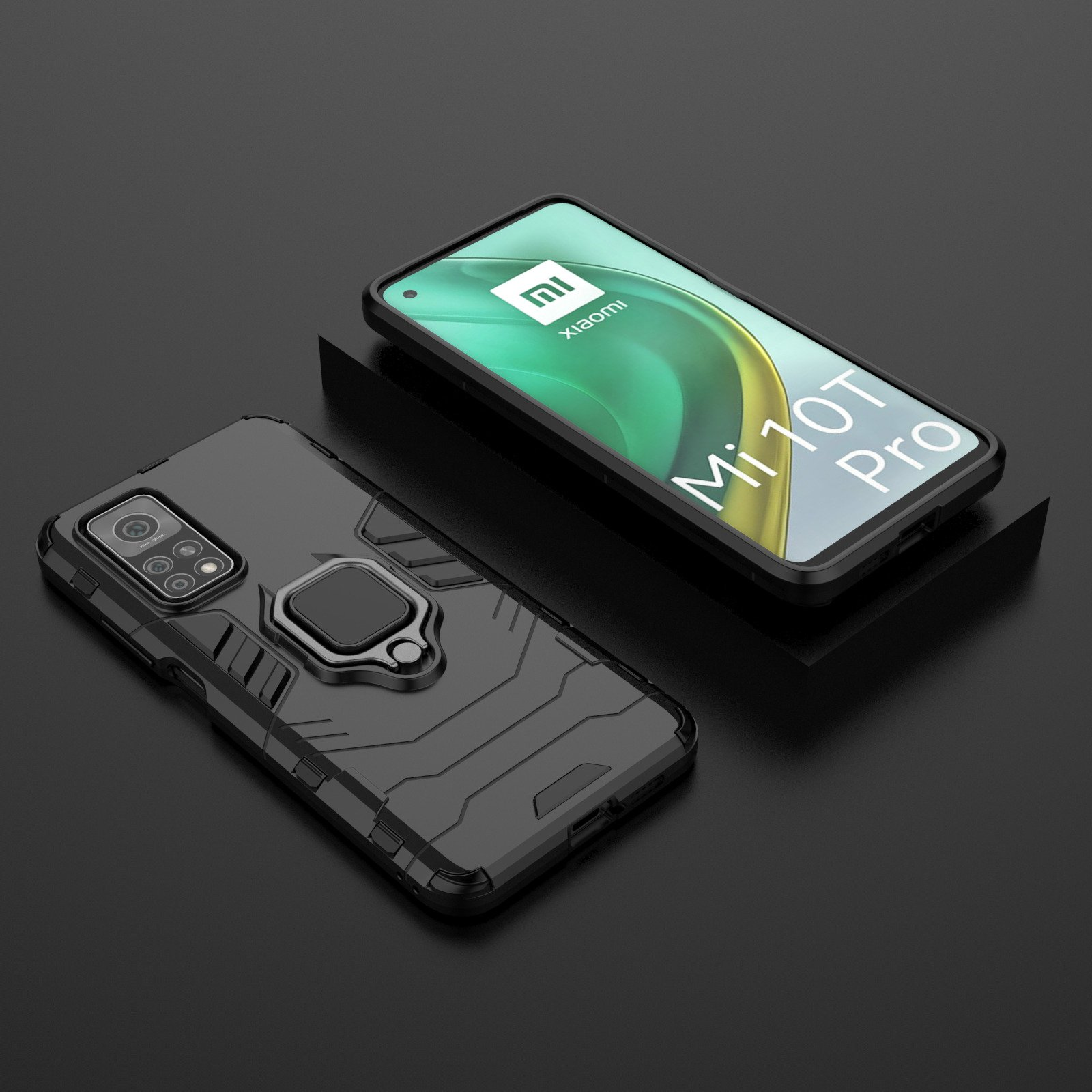 Dos teléfonos, uno en funda negra con anillo, otro con pantalla. Fondo oscuro.