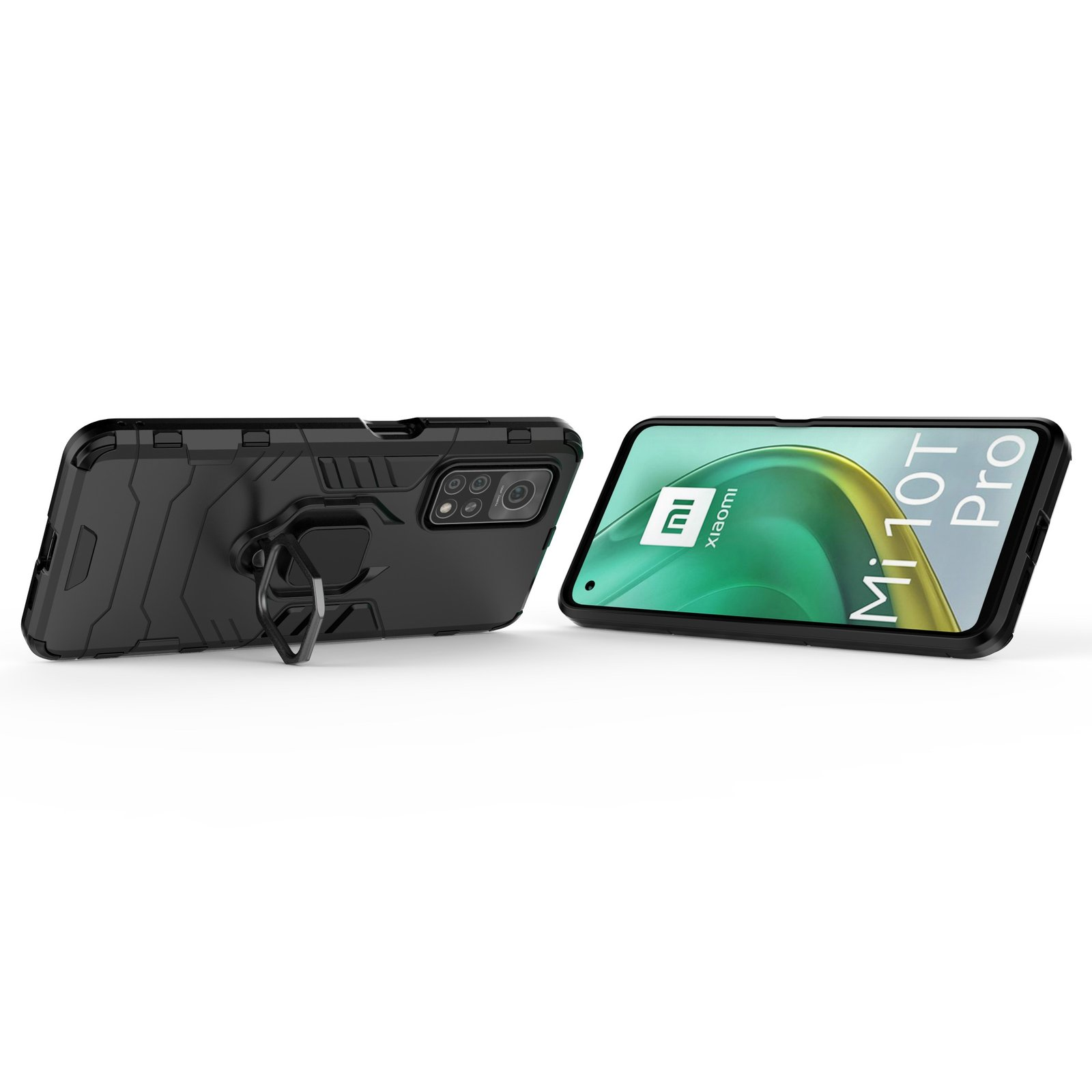 Dos teléfonos en fundas negras. Uno muestra Mi 10T Pro. El otro tiene un anillo.