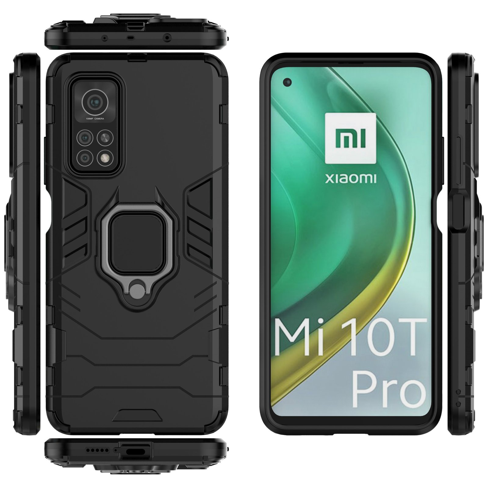 Funda negra para teléfono con soporte de anillo y teléfono mostrando Xiaomi Mi 10T Pro en pantalla.