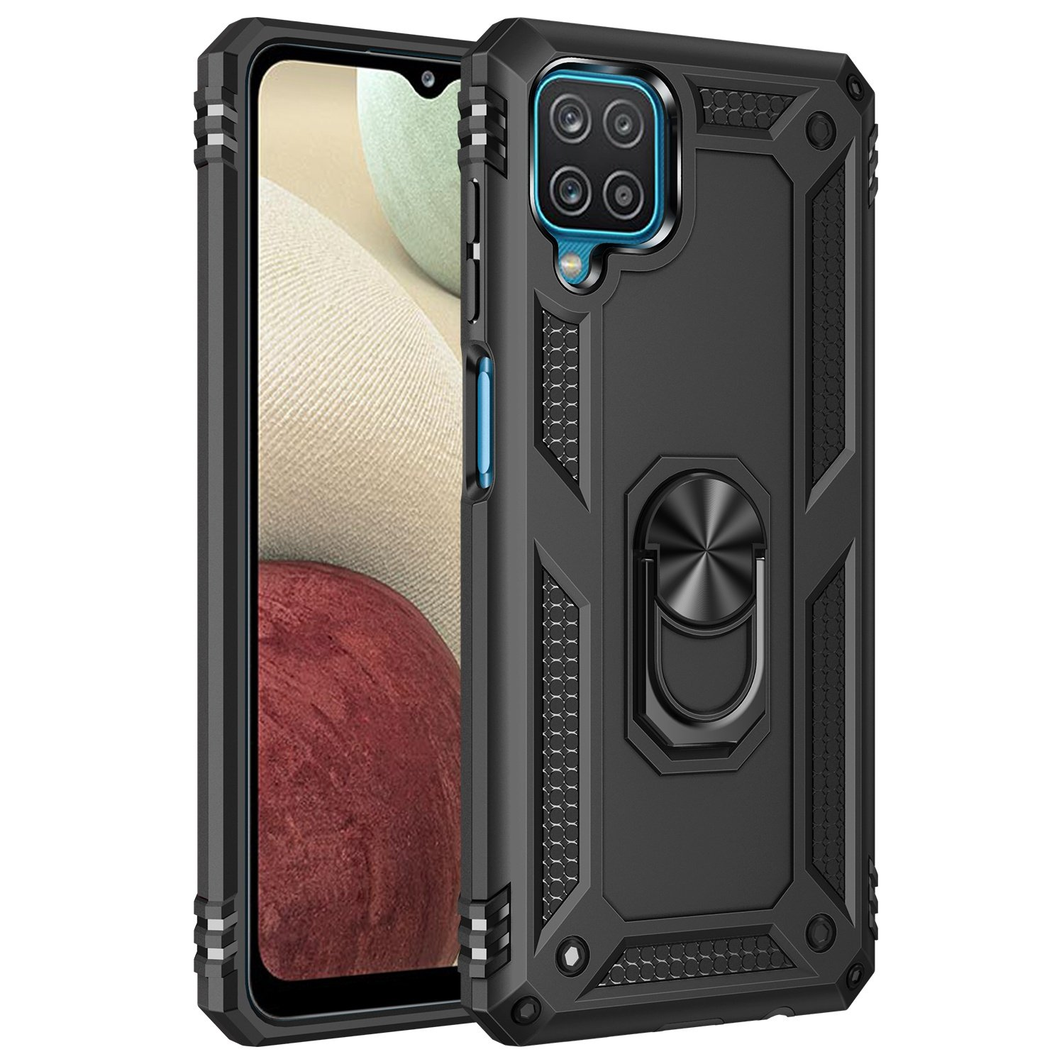 Funda negra para teléfono sobre superficie blanca, con soporte de anillo y protección de cámara.