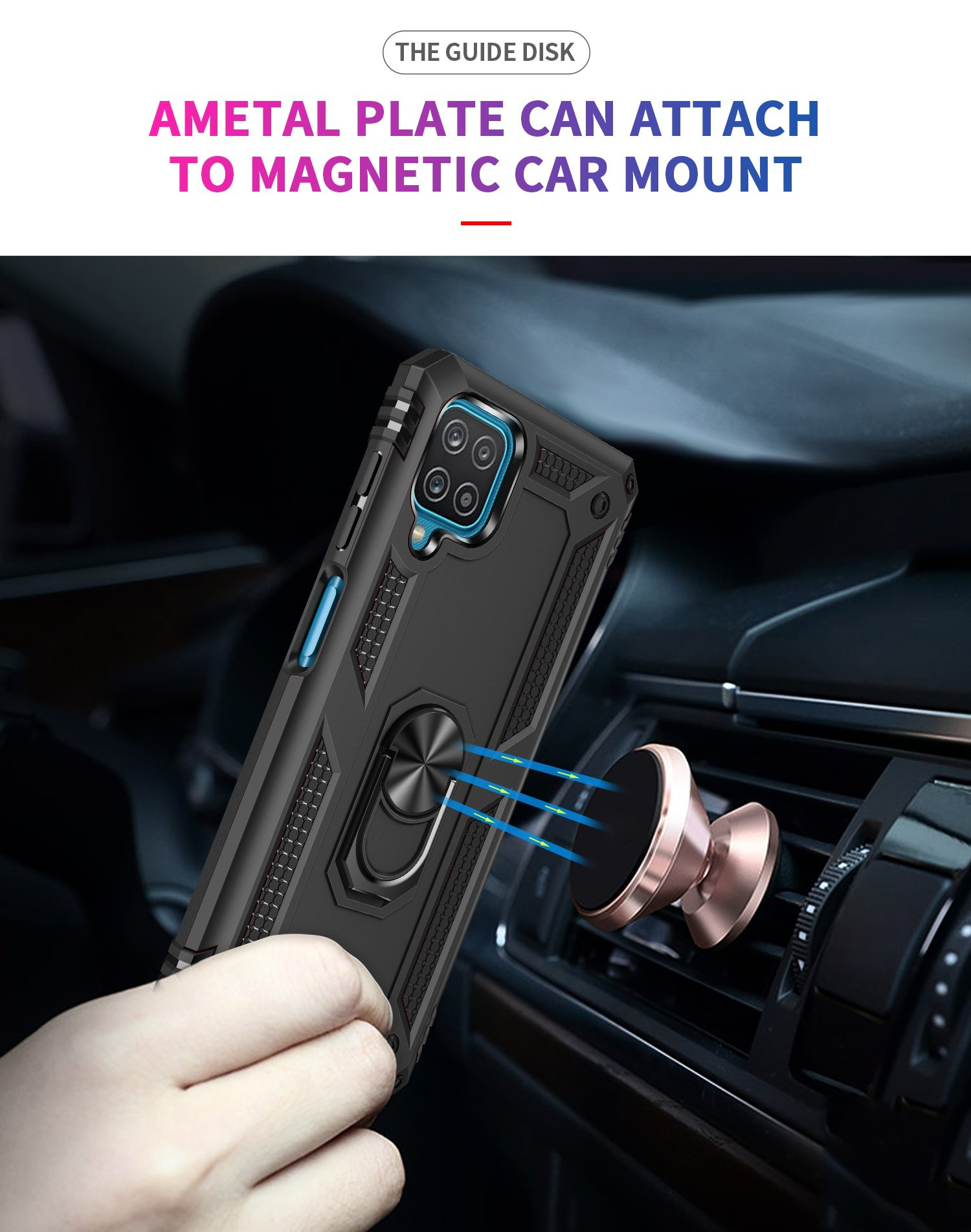 Funda de teléfono negra sujeta a la ventilación de un coche con soporte magnético.