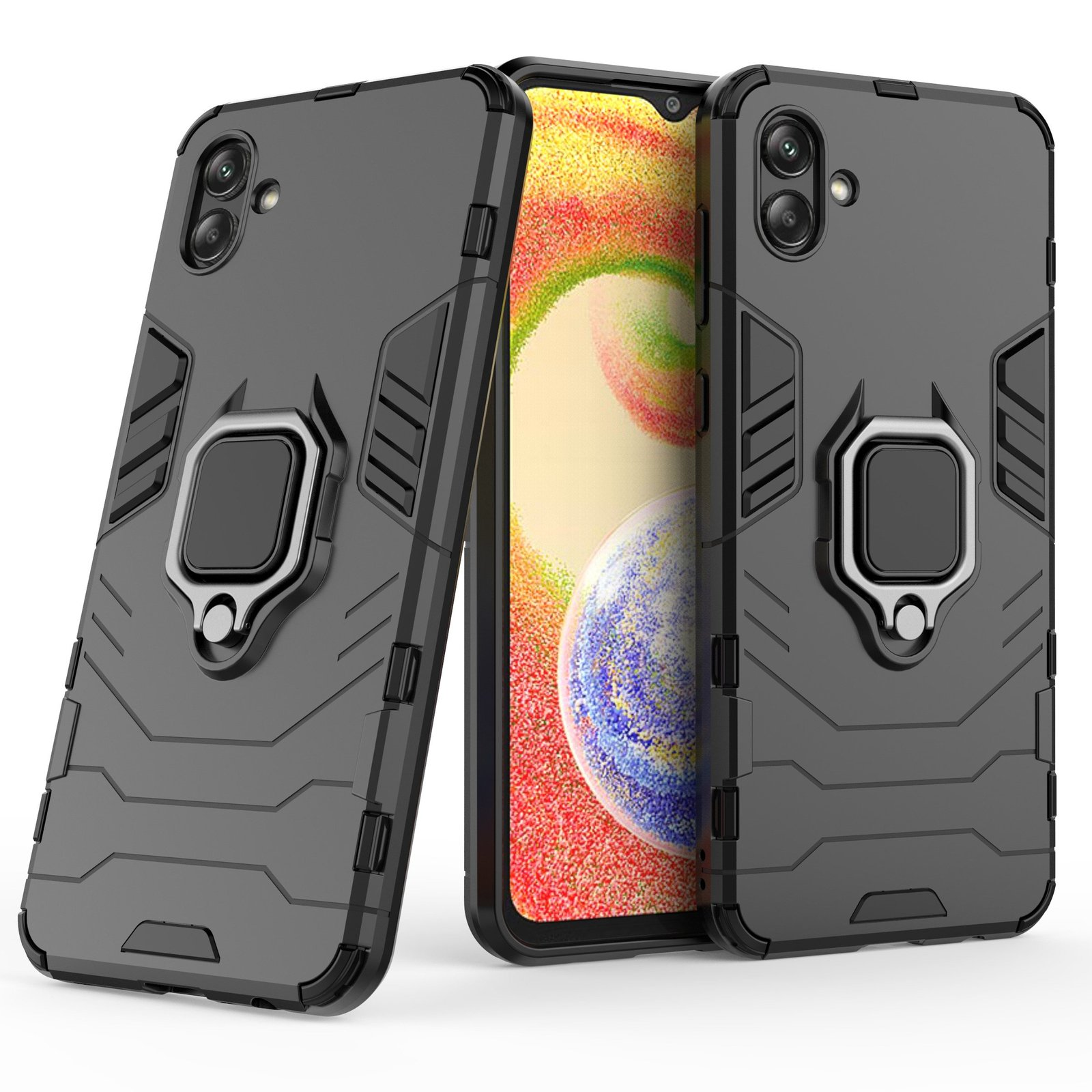 Tres fundas negras para teléfono con soportes de anillo. El teléfono del medio tiene pantalla.