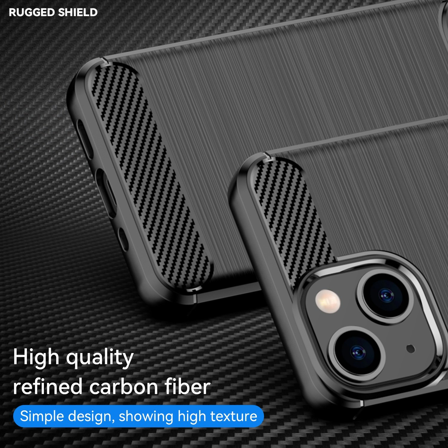 Primer plano de una funda de teléfono con textura de fibra de carbono. La funda está sobre fondo negro.