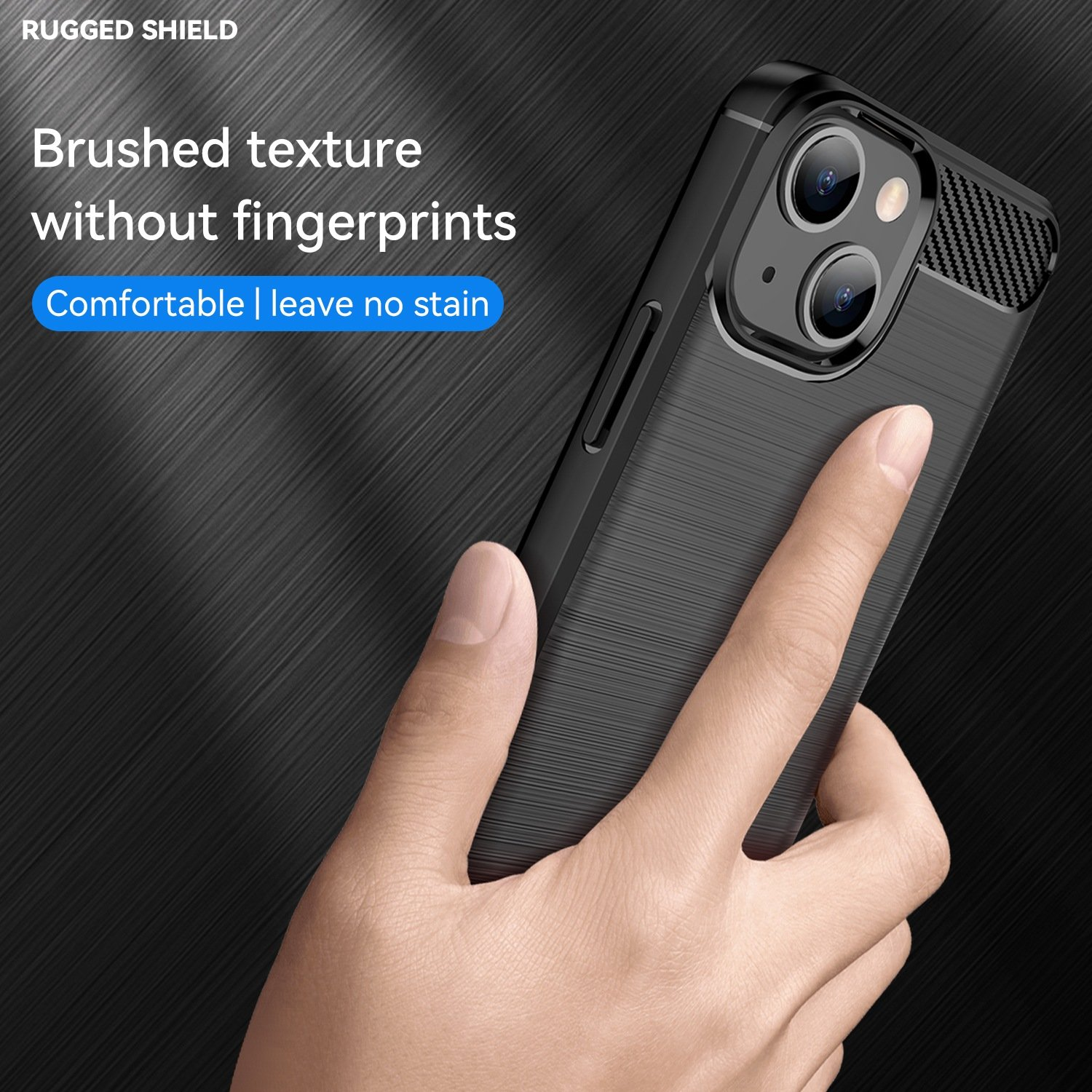 Mano sosteniendo funda negra con textura cepillada, que se anuncia resistente a huellas dactilares.