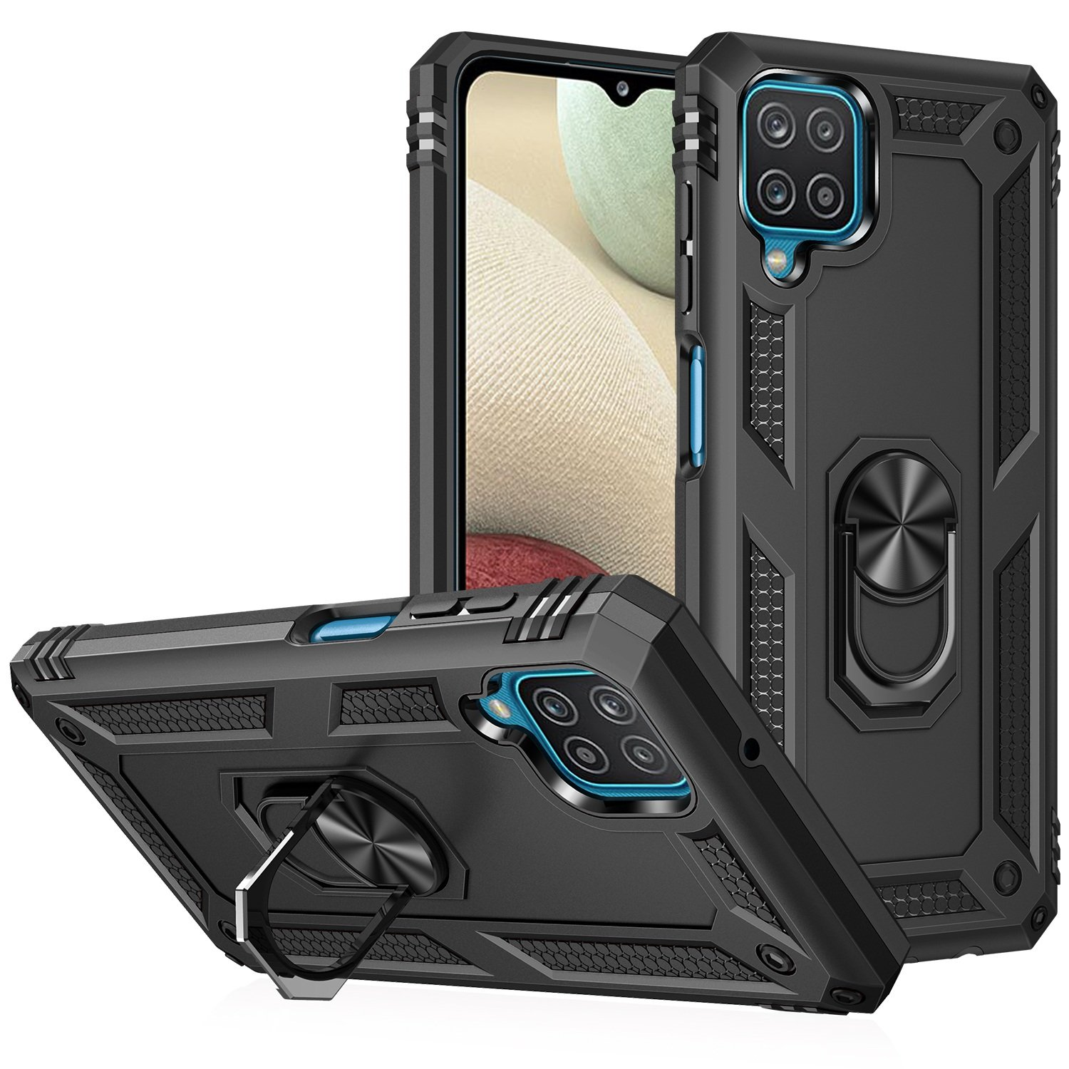 Tres fundas negras para teléfono con soportes de anillo. La parte trasera de las fundas es visible con módulos de cámara.