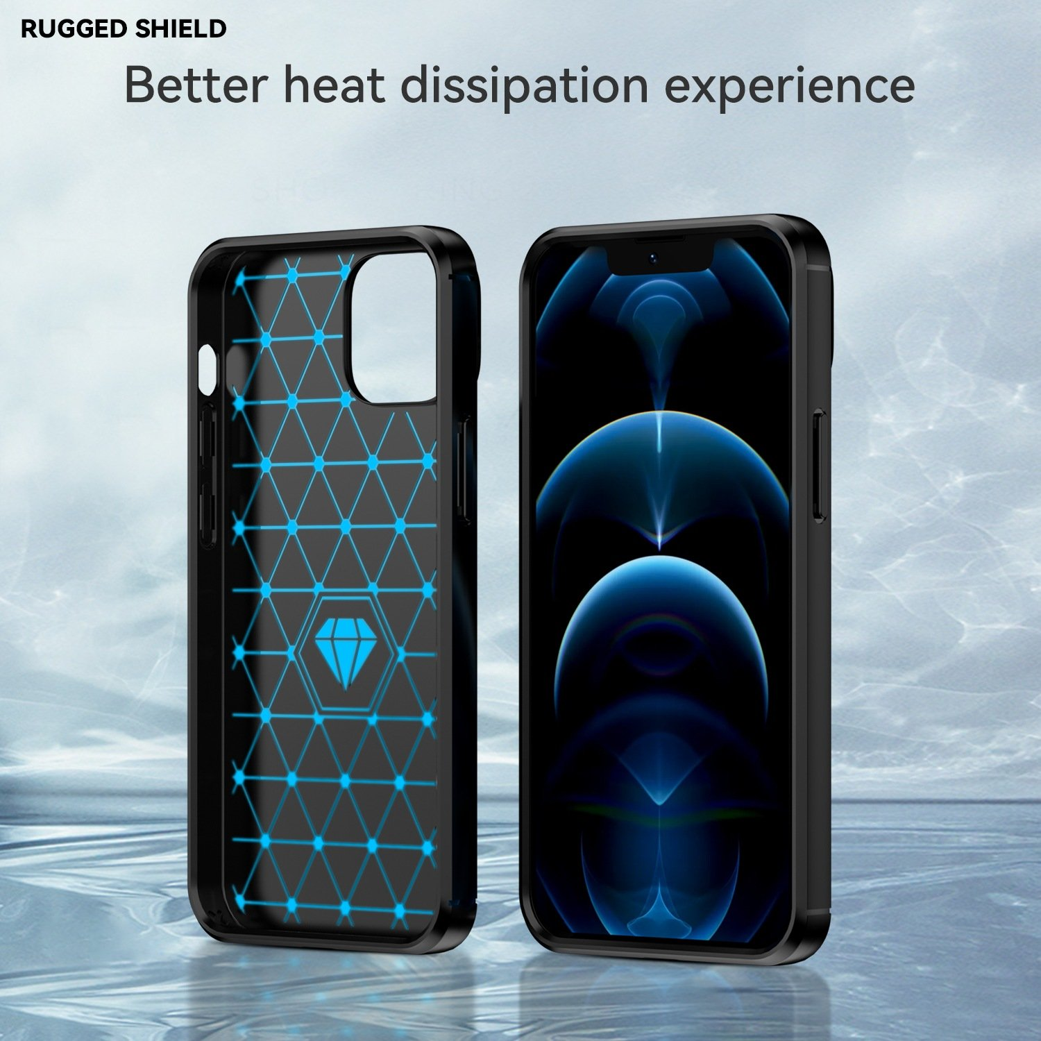 Dos fundas negras para teléfono, una con un patrón azul y la otra con la parte trasera transparente.