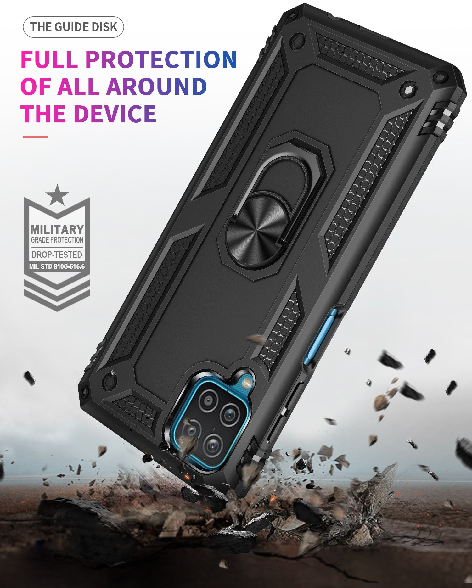 Funda negra para teléfono con soporte de anillo. El teléfono está dentro, con cámaras visibles y superficie texturizada.