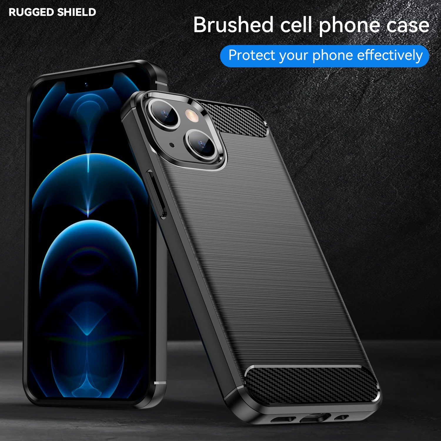 Funda negra para teléfono con texto 'Brushed cell phone case'. Protege el teléfono eficazmente.
