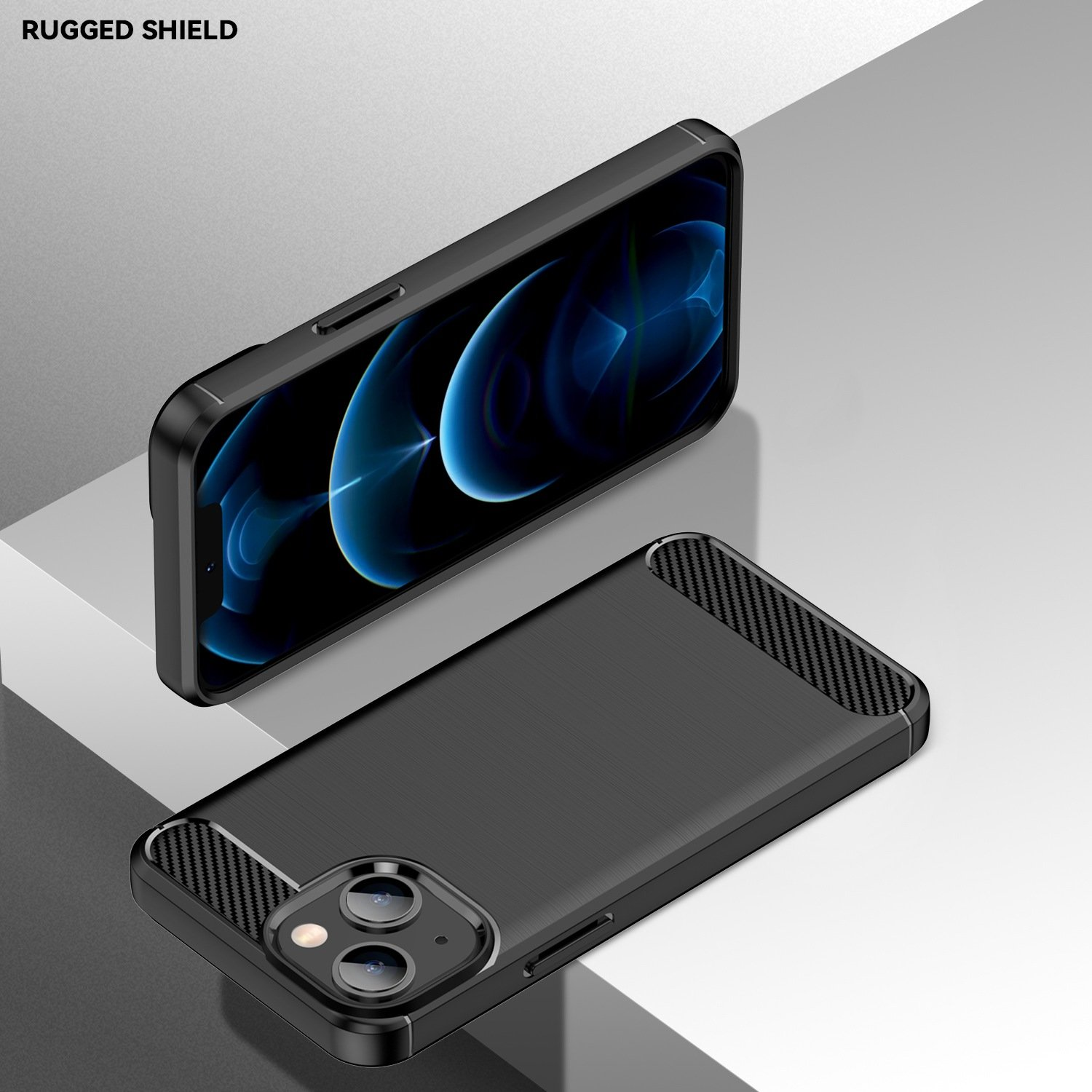 Funda de teléfono negra con detalles de fibra de carbono, con un teléfono dentro.