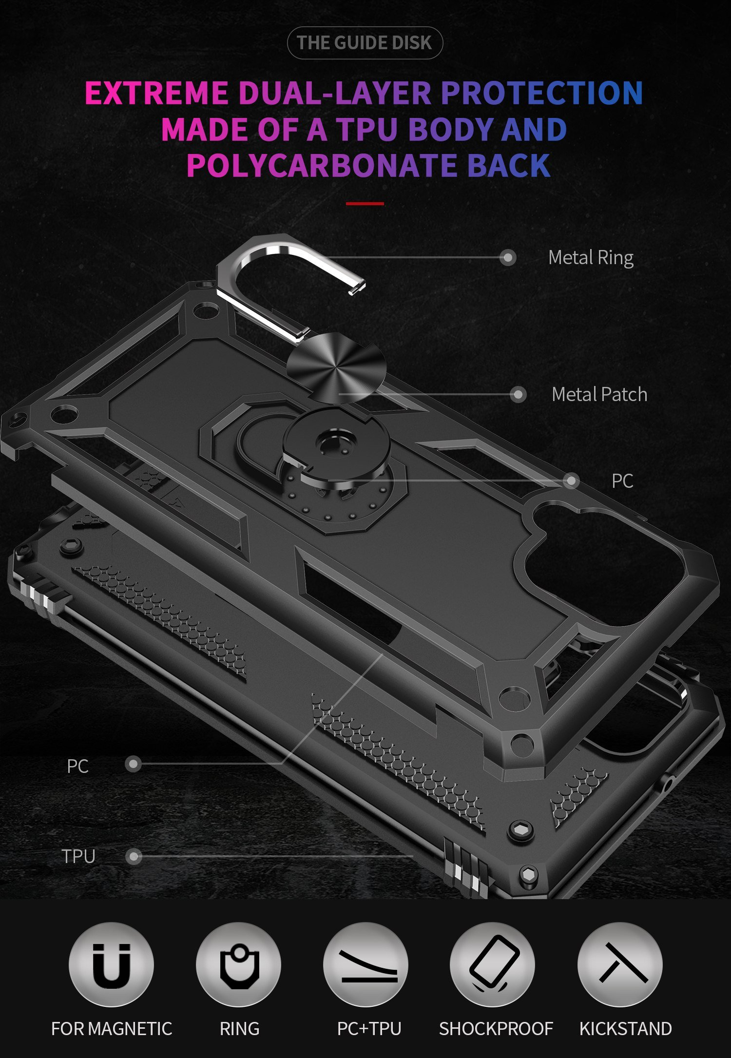 Una funda de teléfono negra con un soporte de anillo, que muestra la parte trasera de un teléfono.