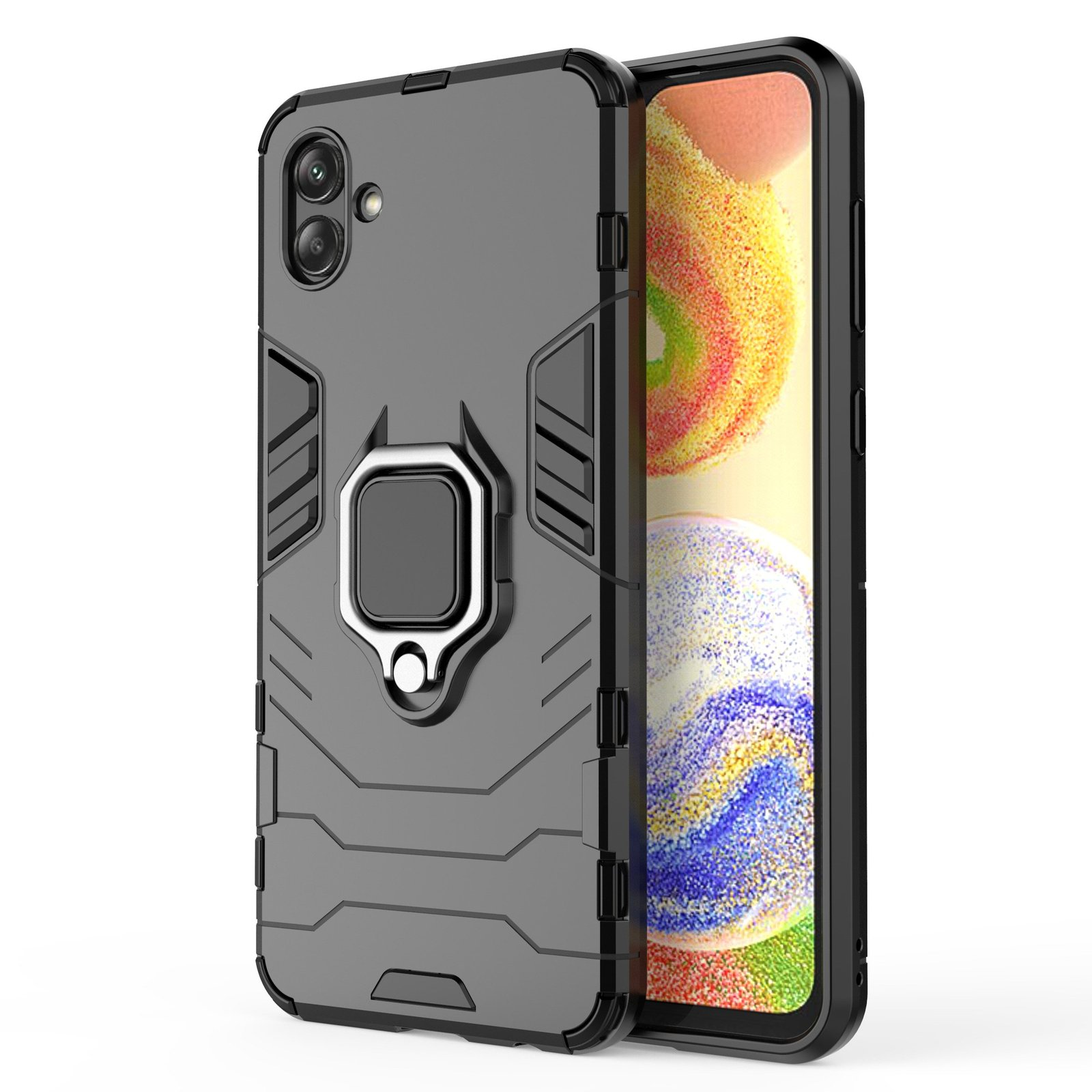 Una funda de teléfono negra con un soporte de anillo, vista en ángulo.