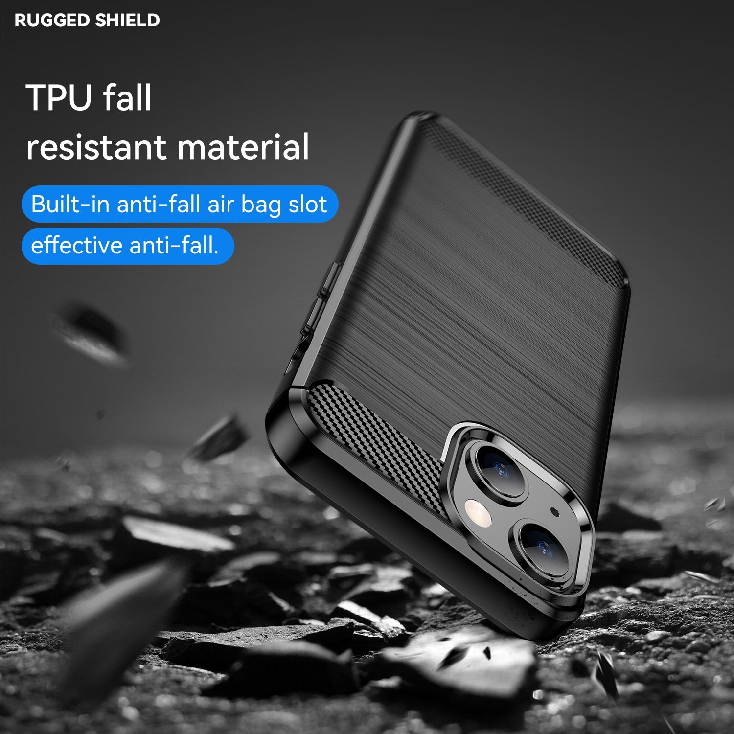 Funda negra para teléfono. Texto: material TPU resistente a caídas, ranura de airbag incorporada.