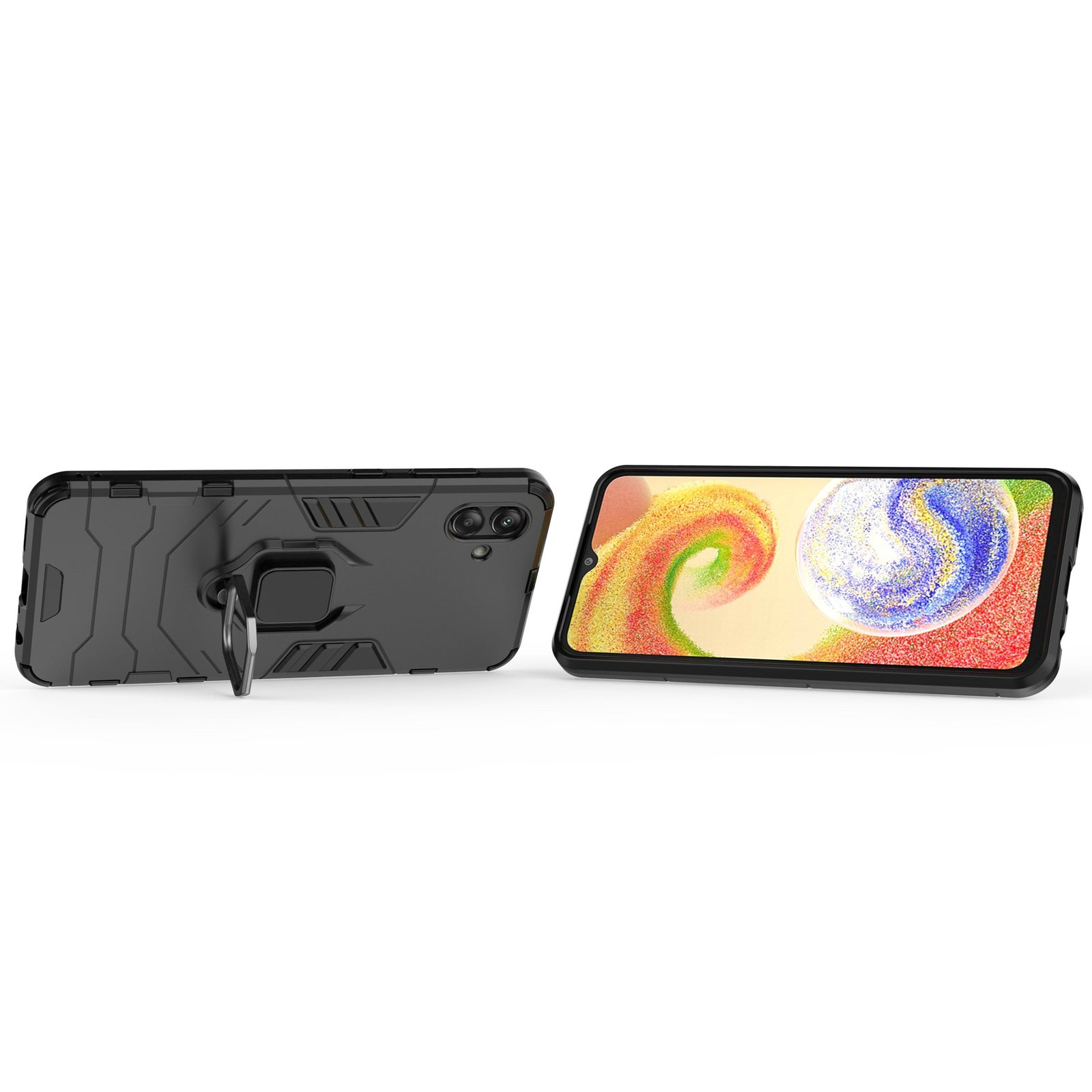 Funda negra para teléfono con soporte de anillo junto a un teléfono negro con pantalla colorida.