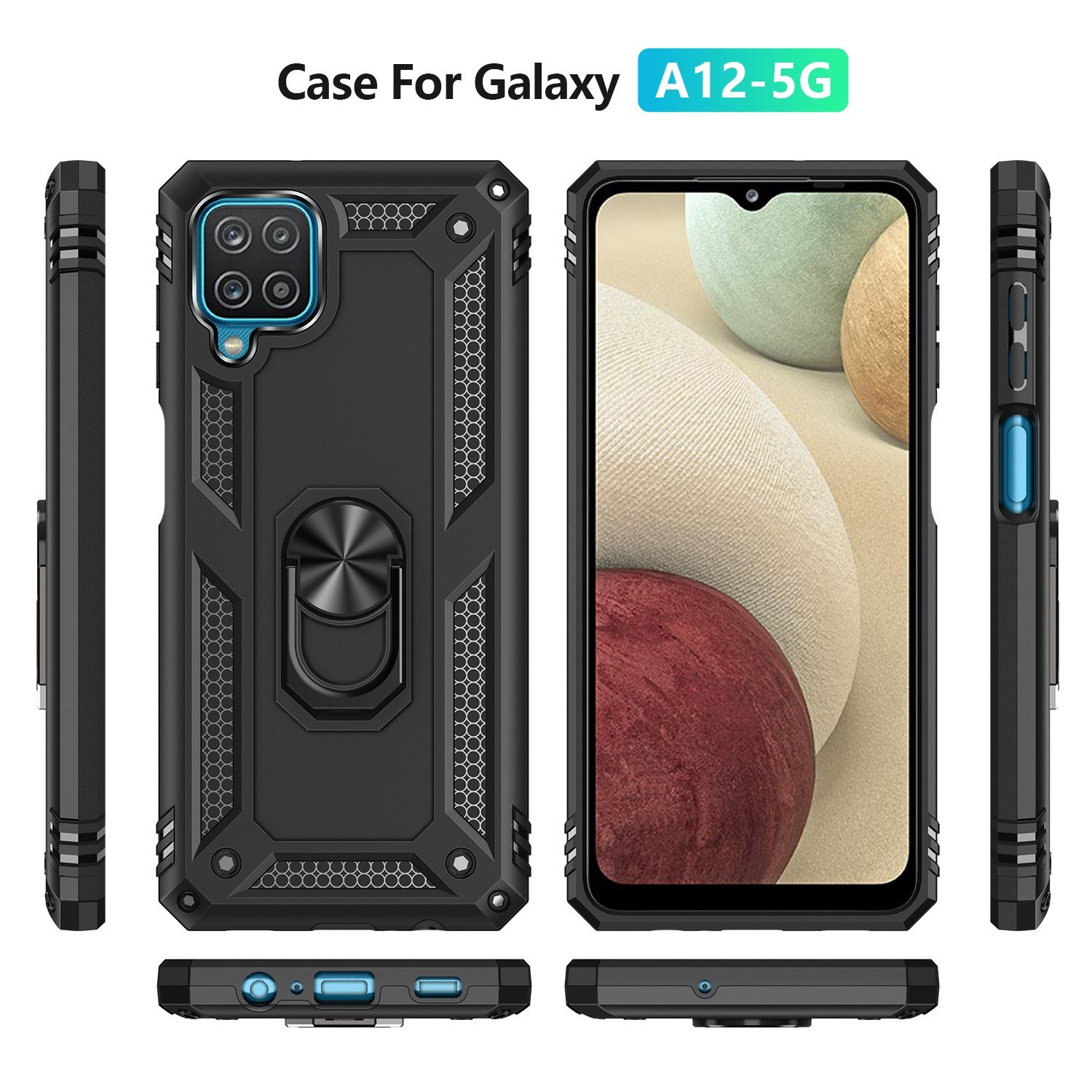 Funda de teléfono con un teléfono dentro, varias vistas.